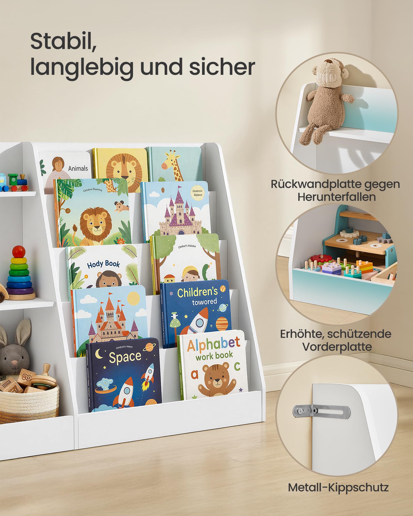 SONGMICS Custos Kollektion - Bücherregal Kinder, Spielzeugregal, Kinderregal, Montessori Regal mit 5 Ebenen, Kinderzimmer-Regal, für Leseecke, 30 x 103,6 x 80 cm, wolkenweiß GKR077WZ01