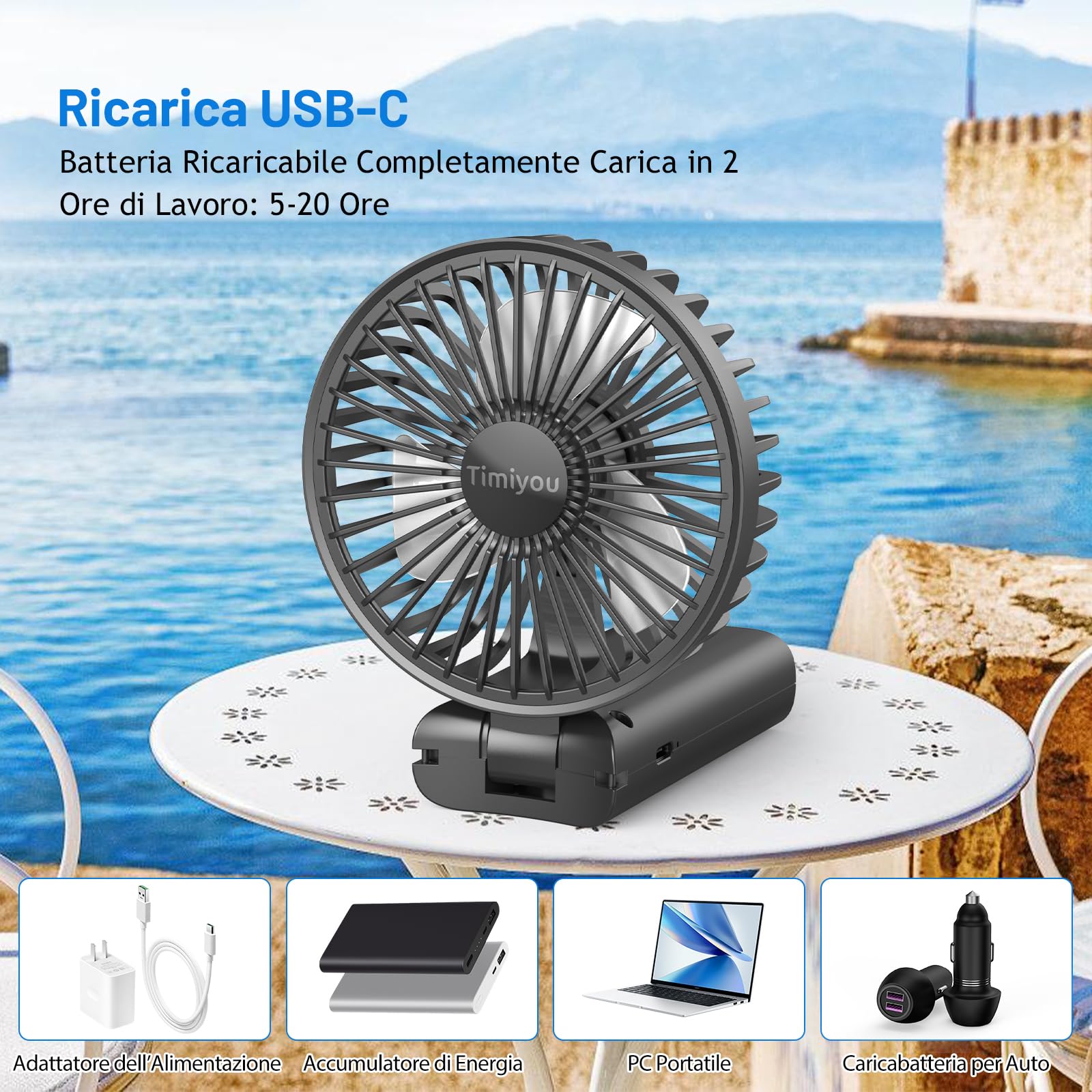 Timiyou Ventilatore Portatile, Mini Ventilatore A Mano 3 Velocità,Ventilatore USB A Batteria Ricaricabile 5 In 1 Ventilatore Silenzioso per Esterni, Interni, Spostamenti, Ufficio, Viaggi, Campeggio