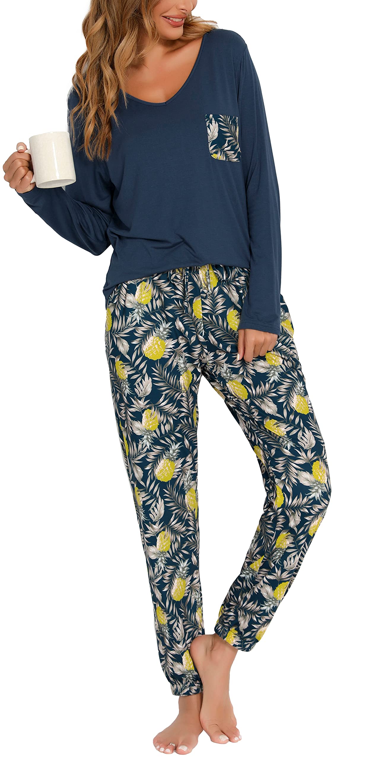 Lovasy Pigiama Donna Manica Lunga Pantaloni Lunghi Casual Scollo a V Top con Motivo a Pois Carino con Tasca Due Pezzi