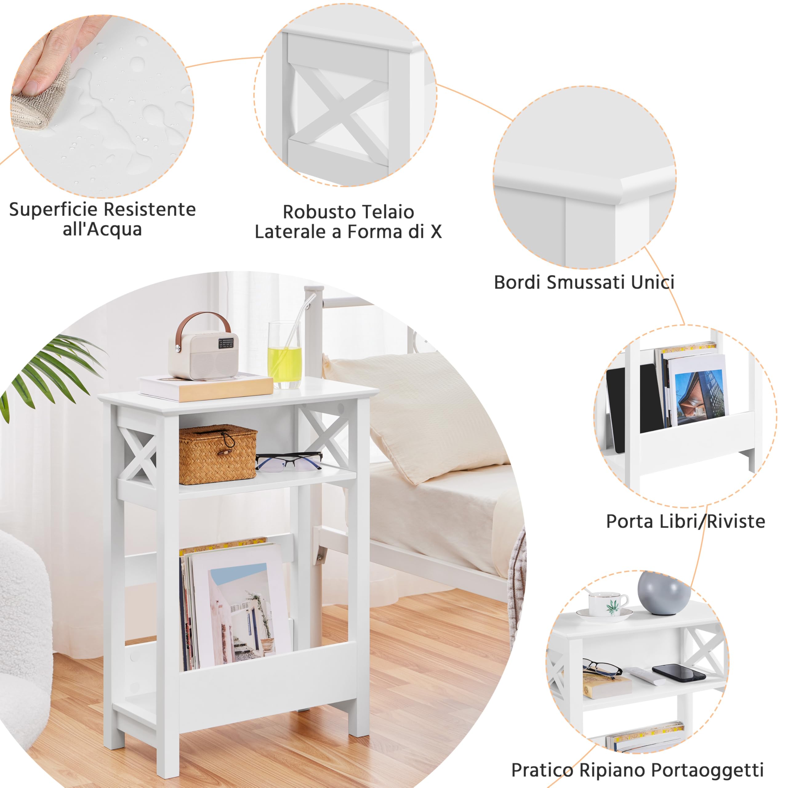 Yaheetech Tavolino Alto Bianco Tavolino Laterale da Divano Tavolino da Salotto Soggiorno Moderno con Scomparto Aperto e Cestino Portaoggetti 50 x 25 x 70 cm