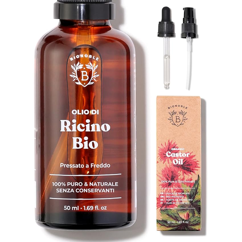 Immagine del prodotto Bionoble Olio di Ricino Biologico 50ml - 100% Puro, Naturale, Pressato a Freddo - Ciglia, Sopracciglia, Capelli, Barba, Unghie - Vegan Castor Oil - Bottiglia di Vetro + Pipetta + Pompa