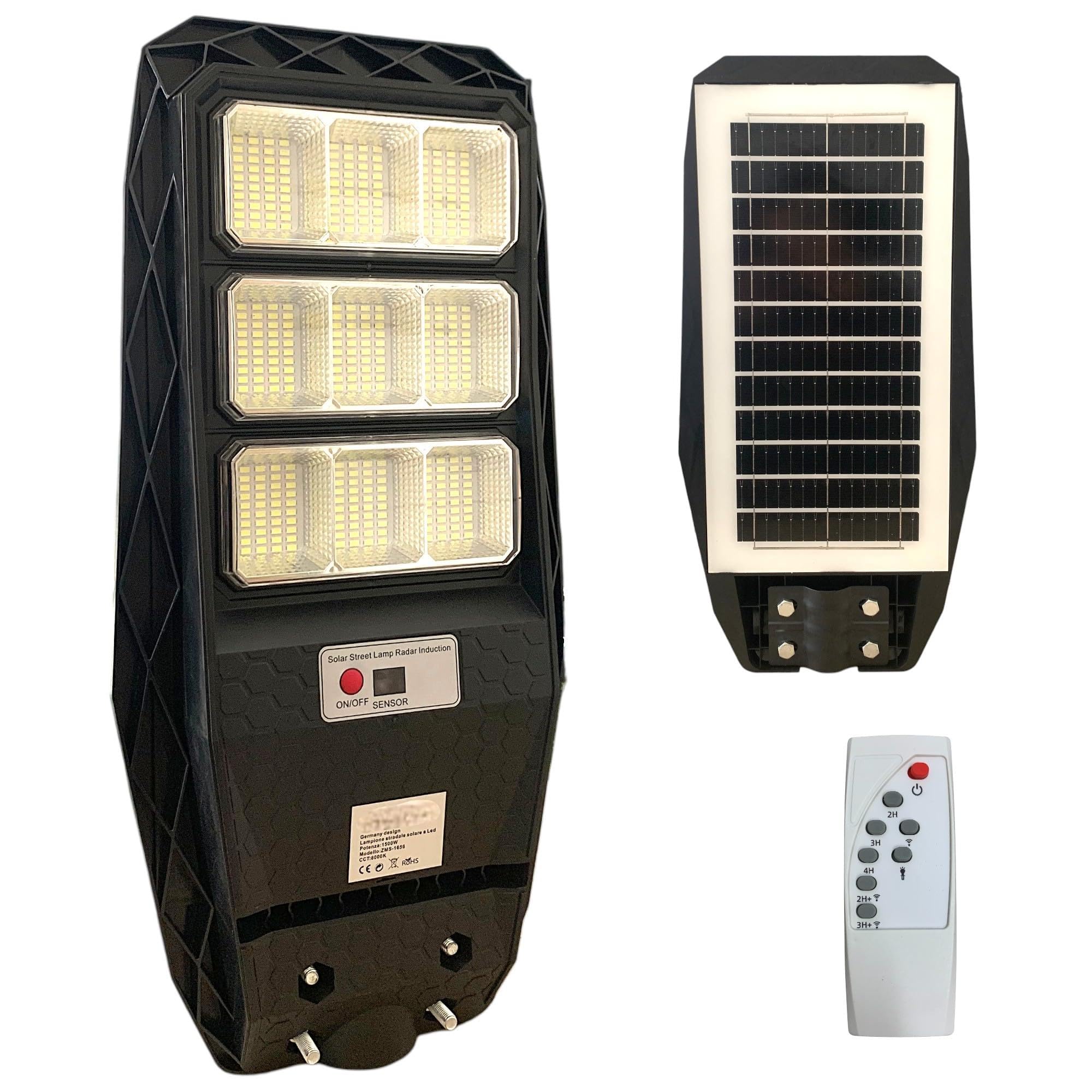 TANIASHOP Lampione Stradale LED Esterno Solare 1500W con Telecomando Faro Ricarica Solare con Sensore di Movimento, Crepuscolare, Timer Luce Bianca 6500K IP67 Impermeabile per Cortile, Giardino