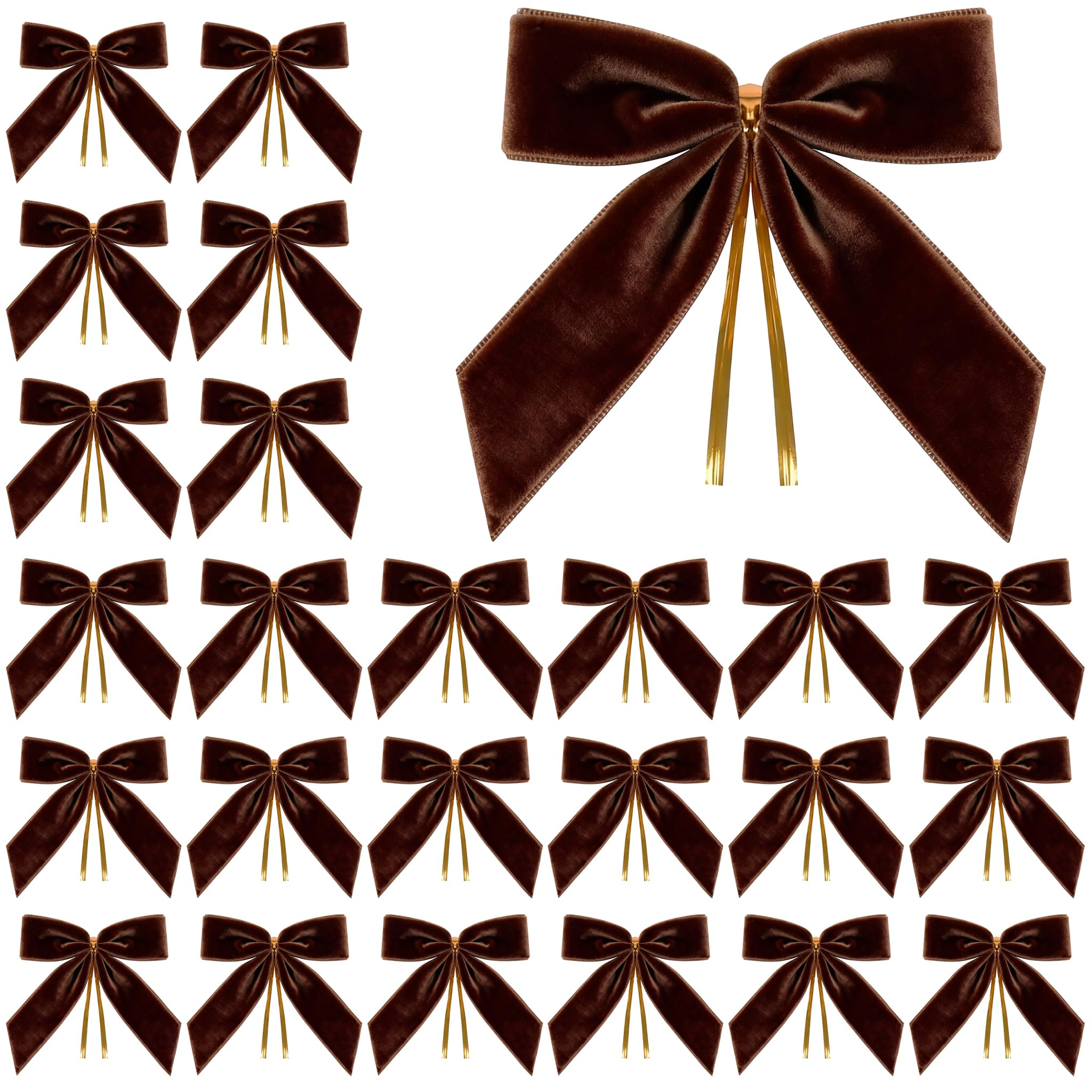 Miaikoe 24 Pcs Velvet Christmas Bows for Christmas Tree, Wreath, Garland, Gift Wrapping, Crafts, Wedding, Party, Twist Tie Bows for Home Holiday Decor (Width of 2.5 CM, 8.9 x 8.9 CM, Brown)
