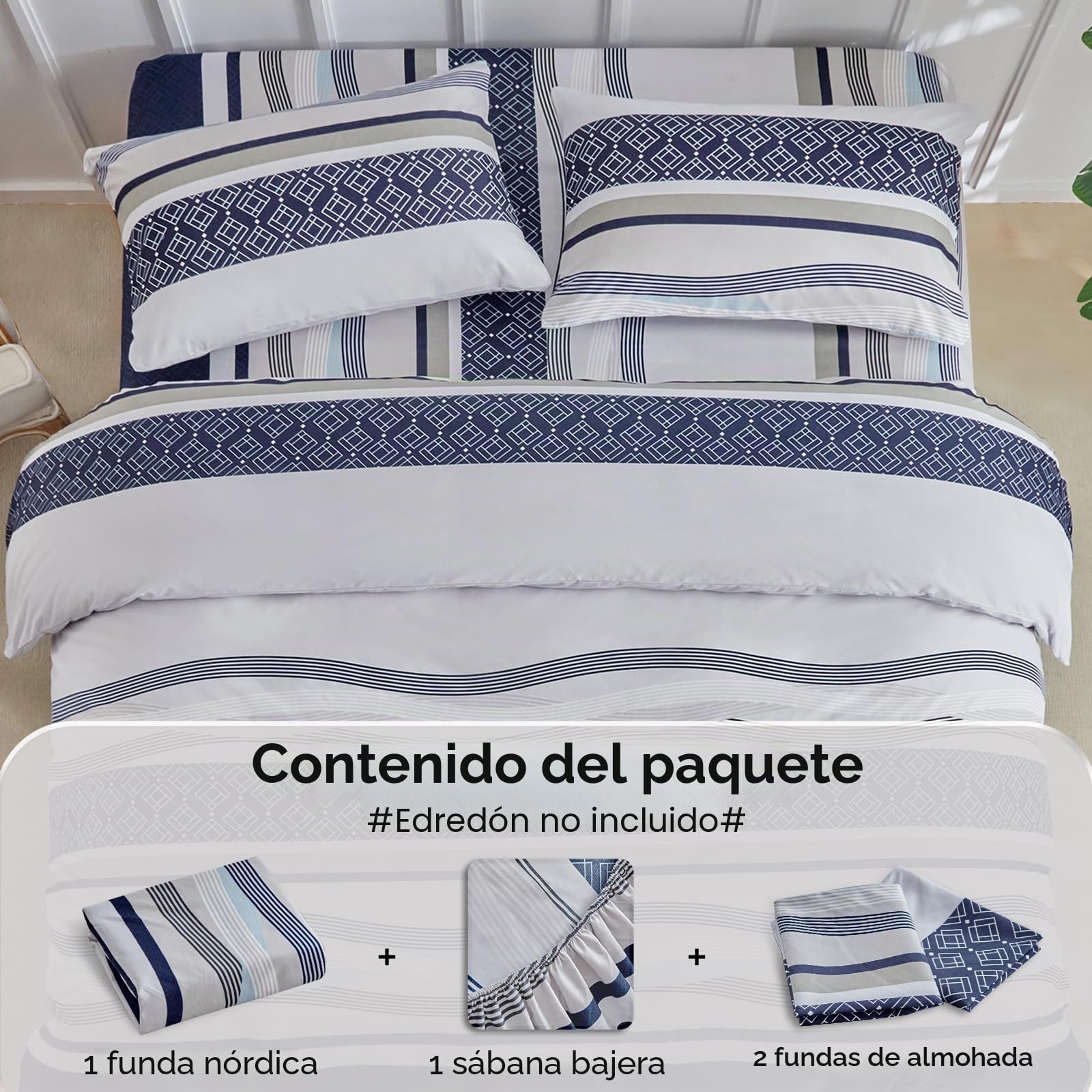 Tokokimo Juego de ropa de cama de 4 piezas, funda nórdica de 220 x 240 cm + sábana bajera de 160 x 200 cm con 2 fundas de almohada de 65 x 65 cm de microfibra, diseño bohemio, azul marino a rayas