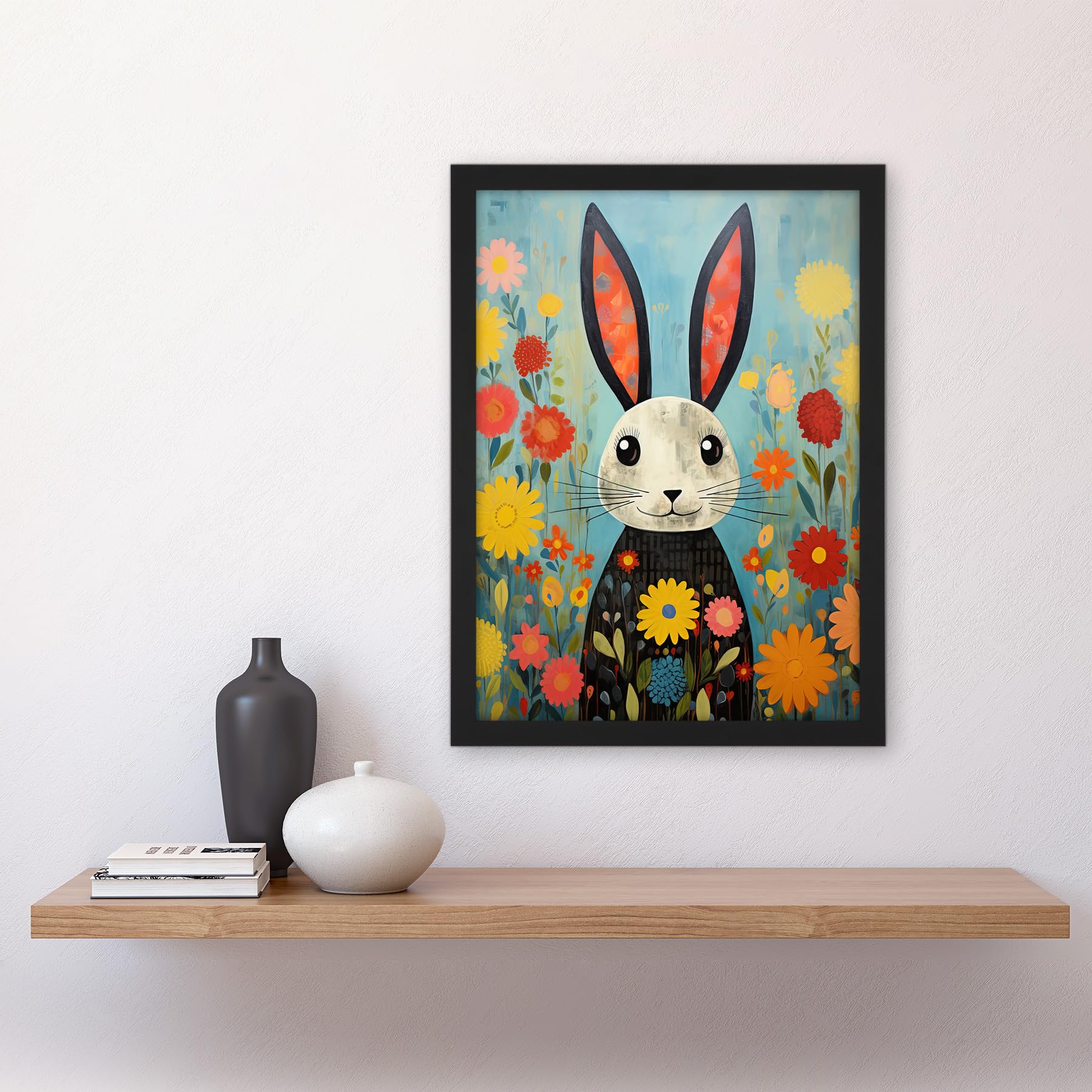 Artery8 Funny Bunny Illustration Modern Floral Rabbit Animal Artwork for Kids Bedroom or Baby Nursery Artwork Framed A3 Wall Art Print - Image 2