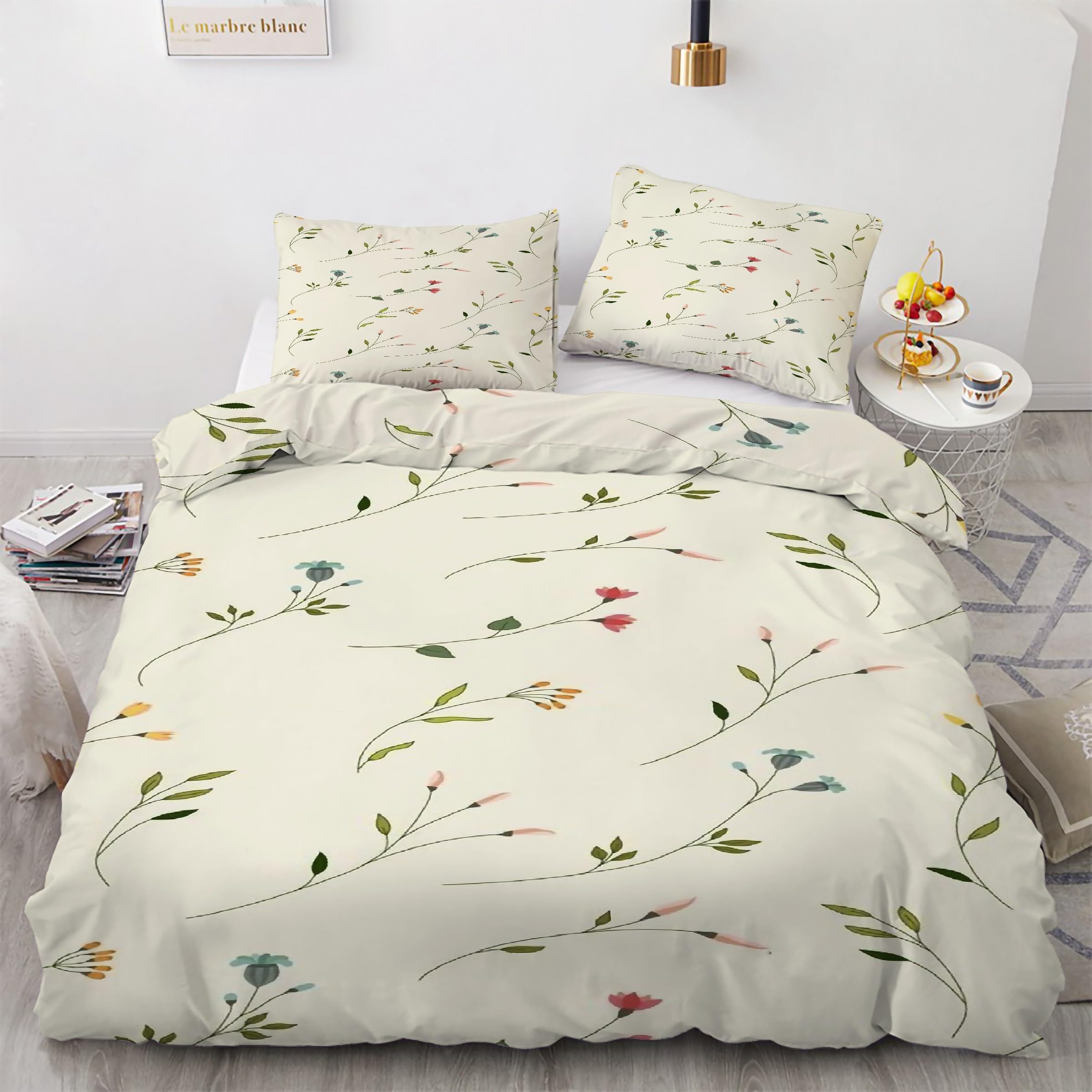 Parure de lit 90x190 avec housse de couette plantes florales en microfibre douce