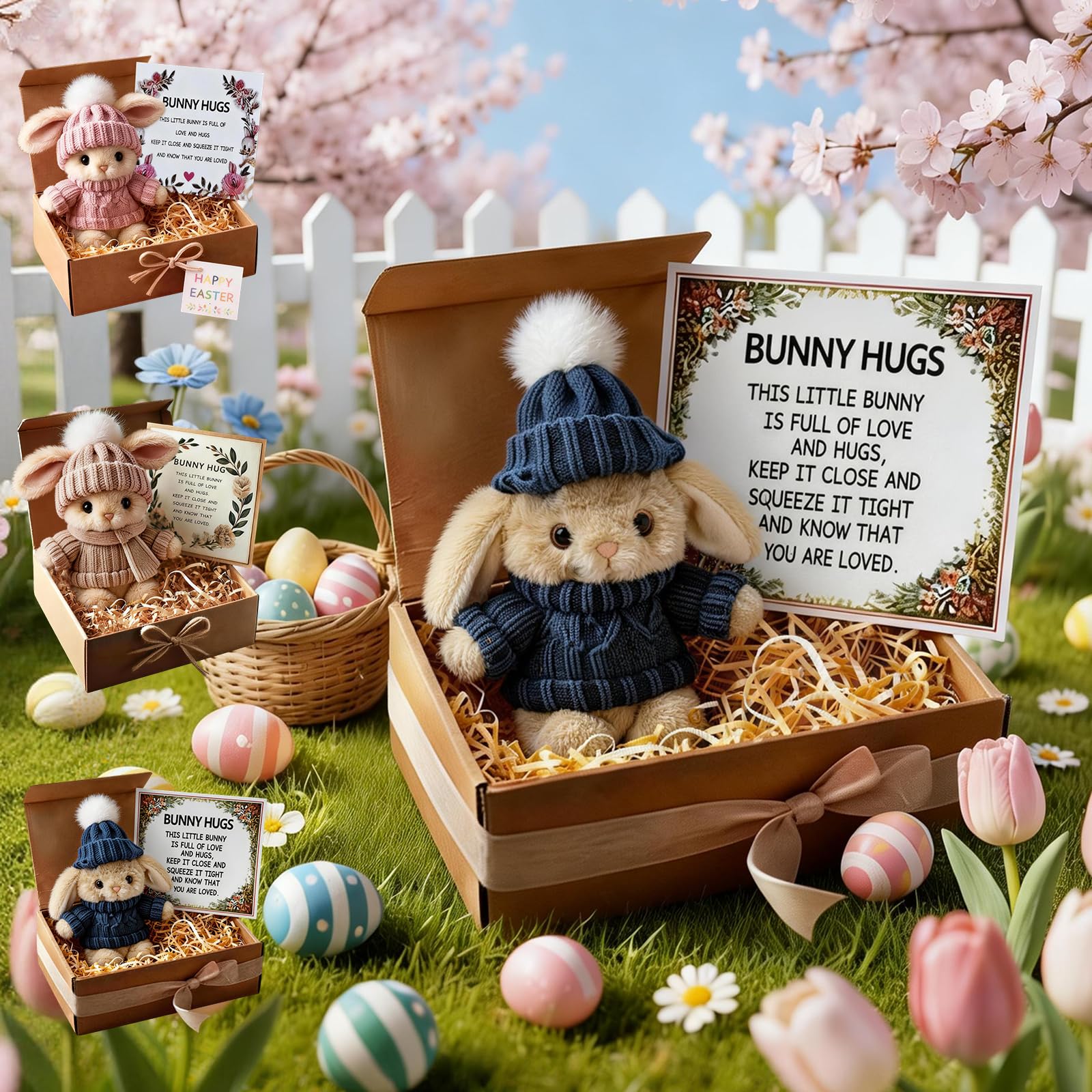 Kenmohuo Handmade Bunny Hug Easter Gift, 2026 New Cute Soft Plush Mini Rabbit Hugs in Box with Card, Easter Basket Bunny Stuffer Adult for Birthday, Mother's Day, Valentine's Day (Blue)