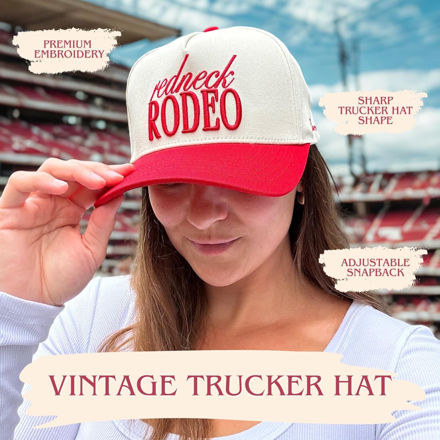 Vintage Country Trucker Hat | Snapback | Western Cute Caps for Cowgirls and Cowboys | Embroidered | Red and Cream Trucker Hat - Image 5