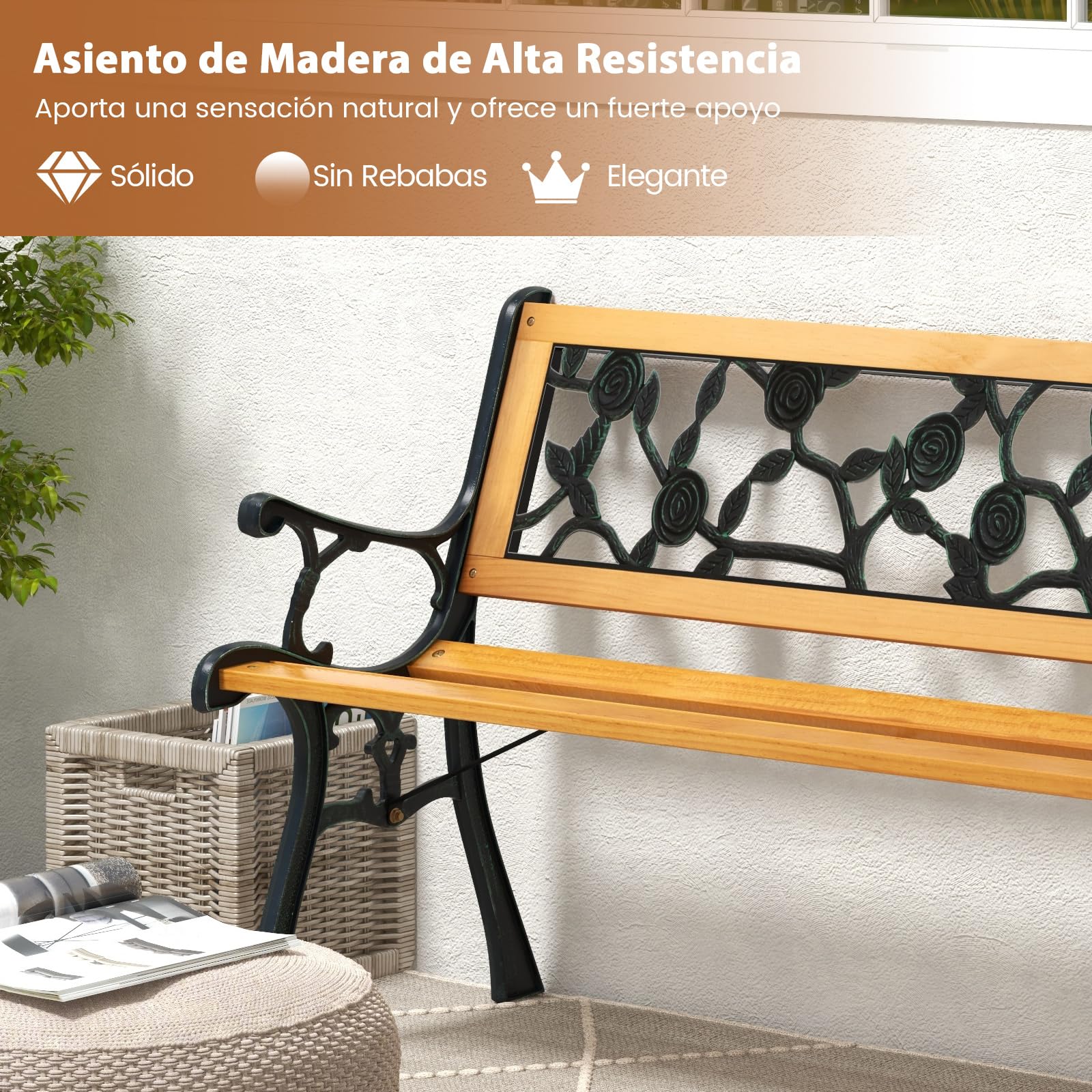 GOPLUS Banco Jardín Exterior de 3 Plazas, Banco de Madera de Pino con Estructura Metálica, Reposabrazos, Respaldo Decorativo, Asiento Listonado para Jardín Parque Patio (Estilo 1, 126 x 52 x 74 cm)