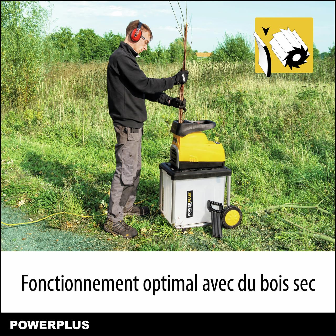 Powerplus Broyeur de Végétaux Électrique POWXG6462-2800 W, Max. Ø45 mm, Poussoir, Roues et Sac de Ramassage de 60 l Inclus