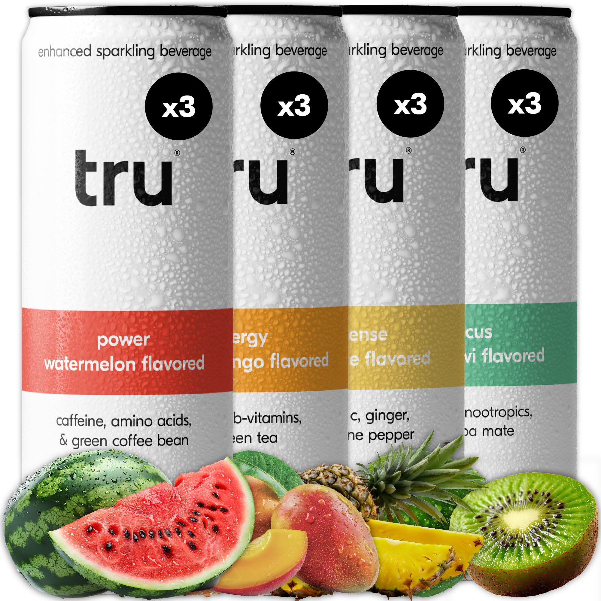 Tru Performance Seltzer, Variety Pack Sparkling Water with Real Fruit Juice – Focus, Pre-Workout & Energy Drinks, Natural Caffeine, Kosher, Gluten-Free, No Added Sugar, 12oz (Pack of 12)