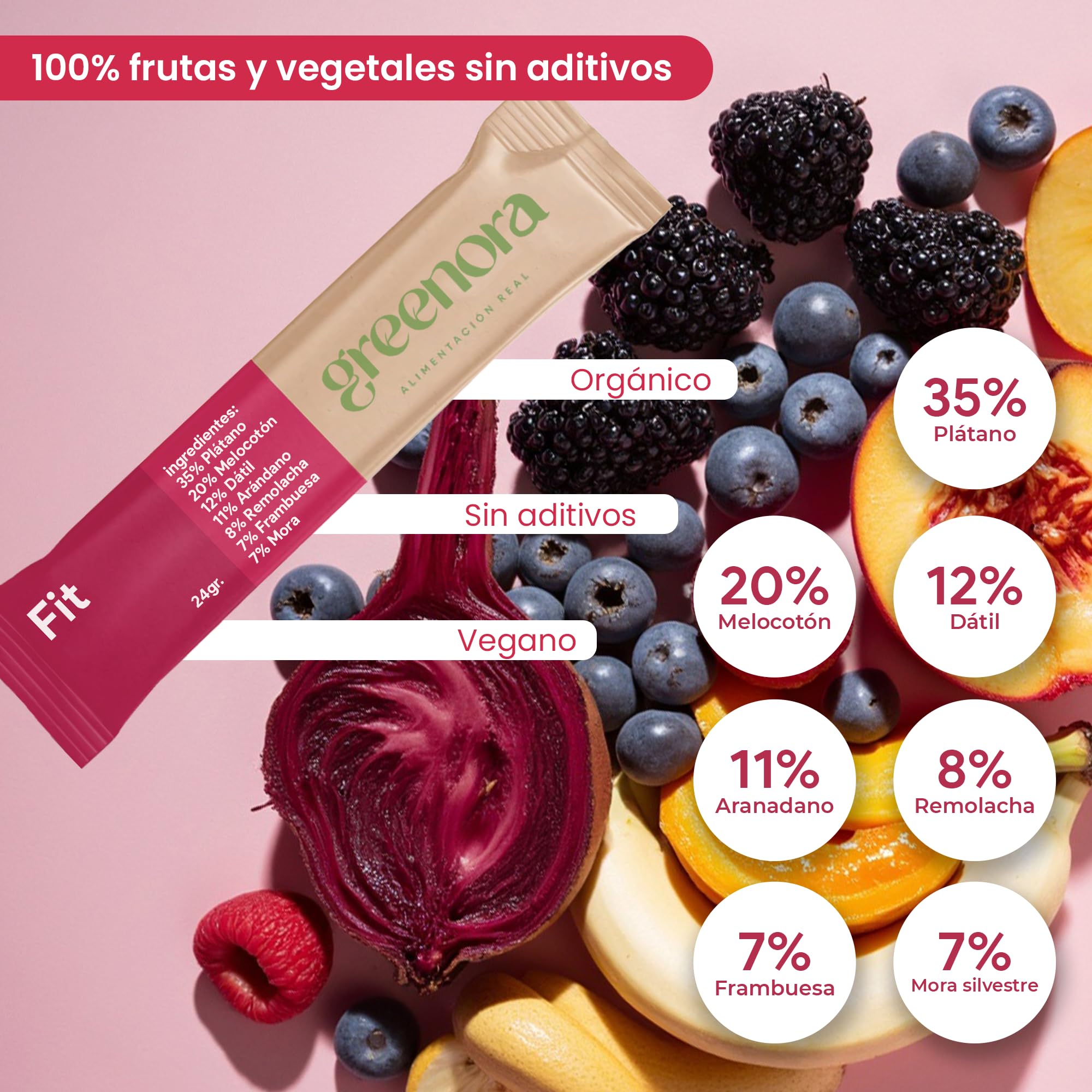 GREENORA Smoothie Vegano de Fruta Liofilizada, Mix de Sabores, Fresa, Manzana, Espirulina, Kiwi, Mango y Plátano en Polvo, Ideal para Recetas, Sin Azúcar ni Aditivos, 9 Unidades (Sticks)