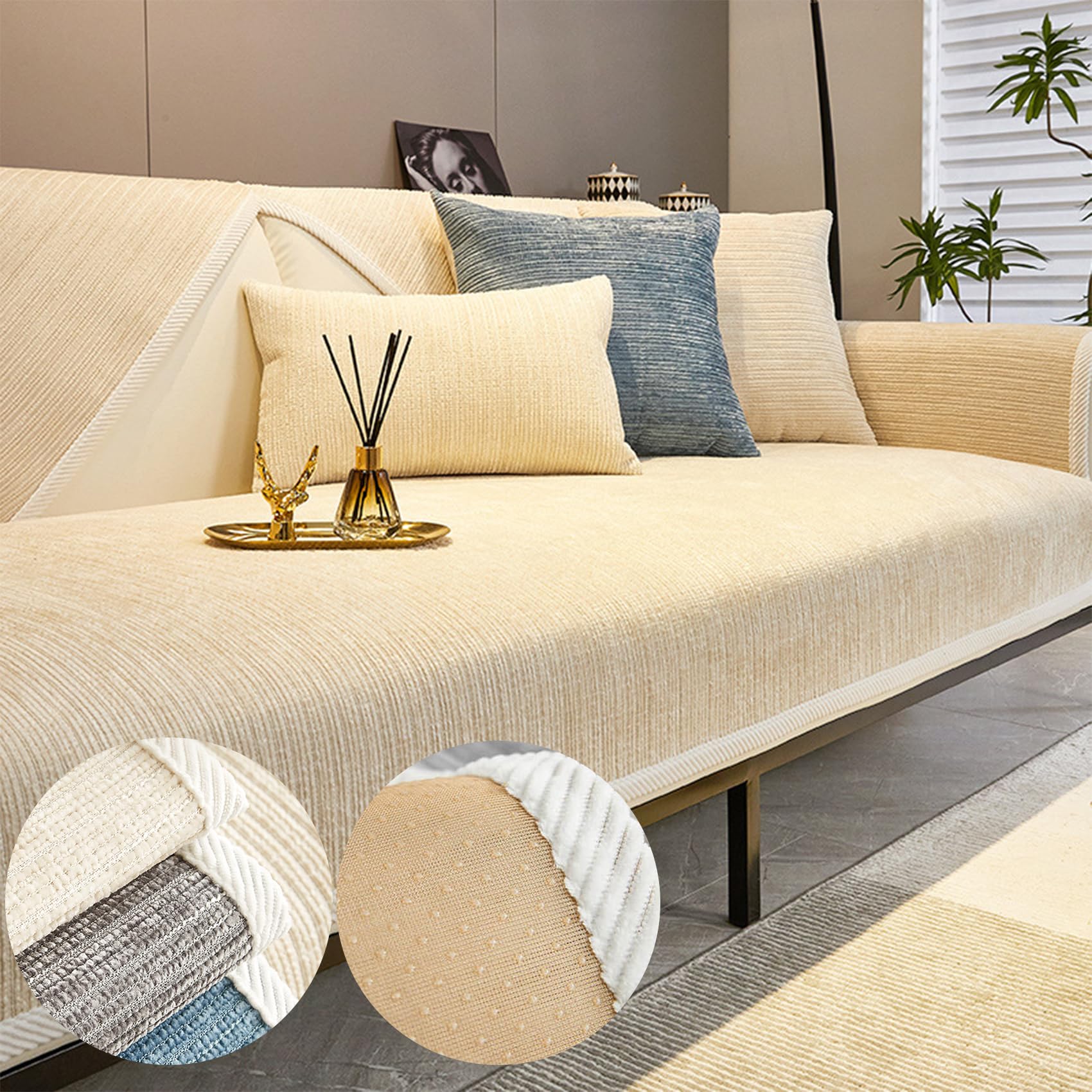 Cemssitu Beige Chenille Sofa Covers, Simple Striped Chenille Anti-Scratch Couch Cover, Non Slip Sofa Covers For Dogs, Washable Furniture Protector Couch Cover For All Season (,70 * 210 Cm/27.6 * 82.7 In)