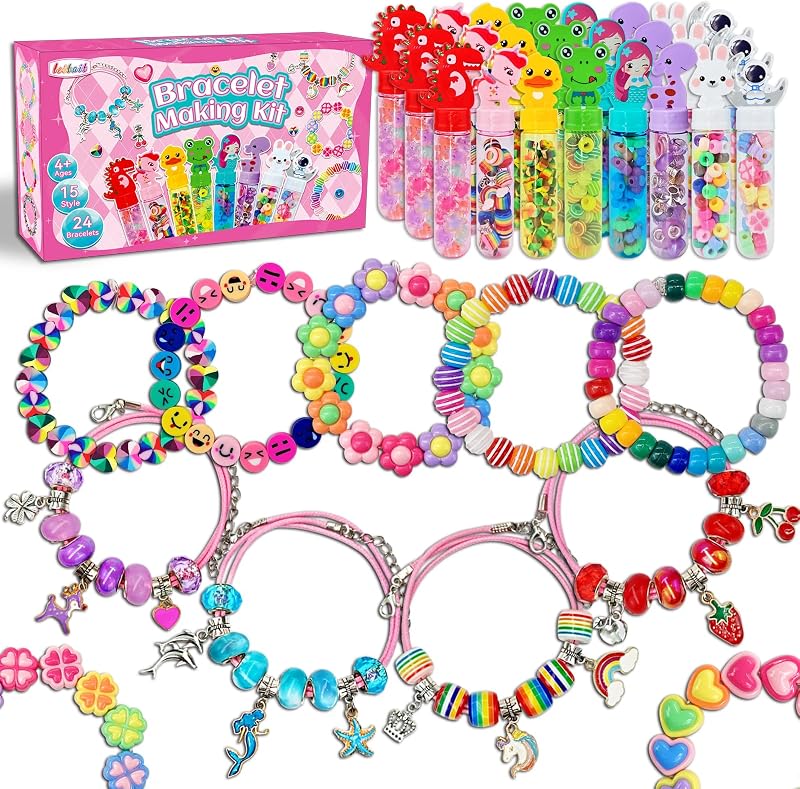Leitait Paquete de 24 varitas de pulsera, kit de fabricación de joyas, pulseras con dijes, manualidades para niños, suministros para regalos de fiesta de unicornio, bolsas de regalos, premios en el aula, regalos de cumpleaños para niñas de 4 a 8 años