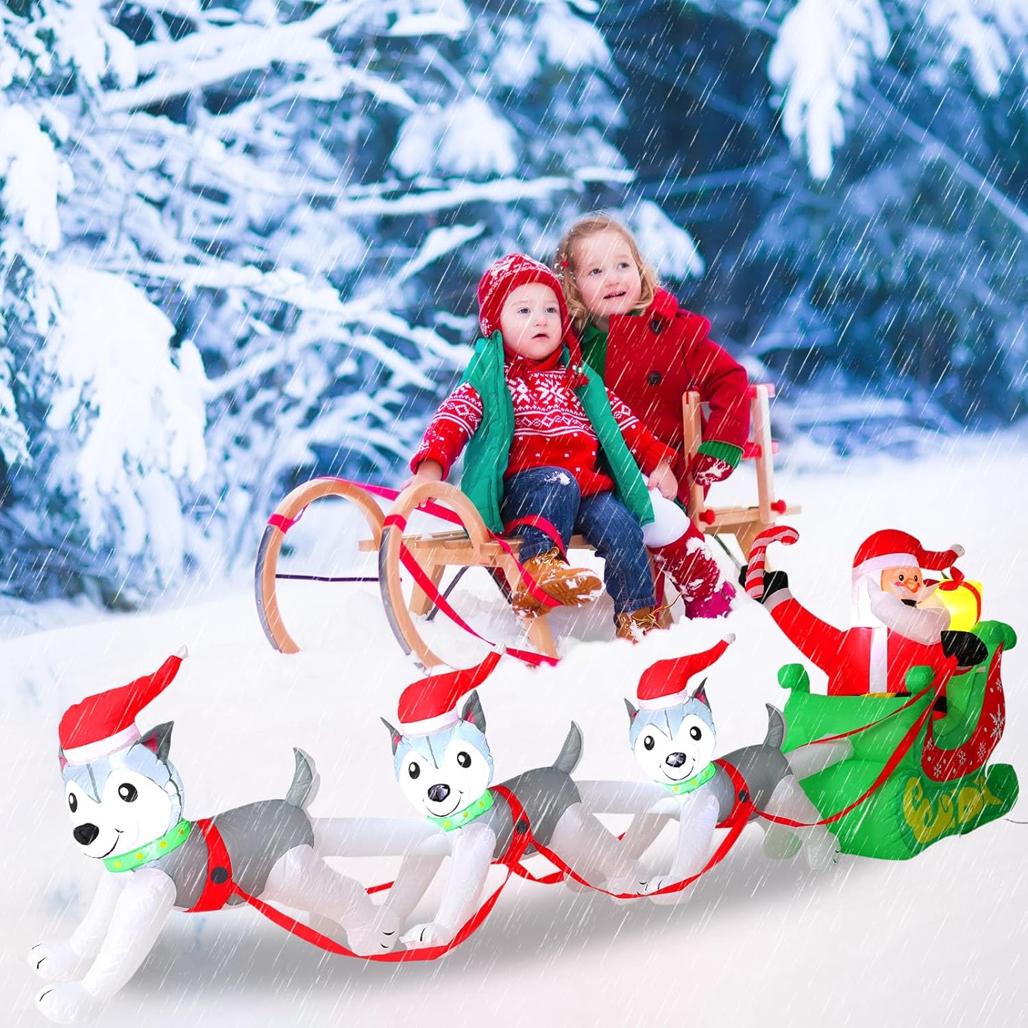 Capoda 12 FT Santa Sleigh Inflatable Decorations Outdoor, Giant Christmas Santa Claus on Sleigh with 3 Dogs Blow up Decor with Built-in LED Lights for 2025 Holiday Yard Lawn Garden Decoration - Image 6