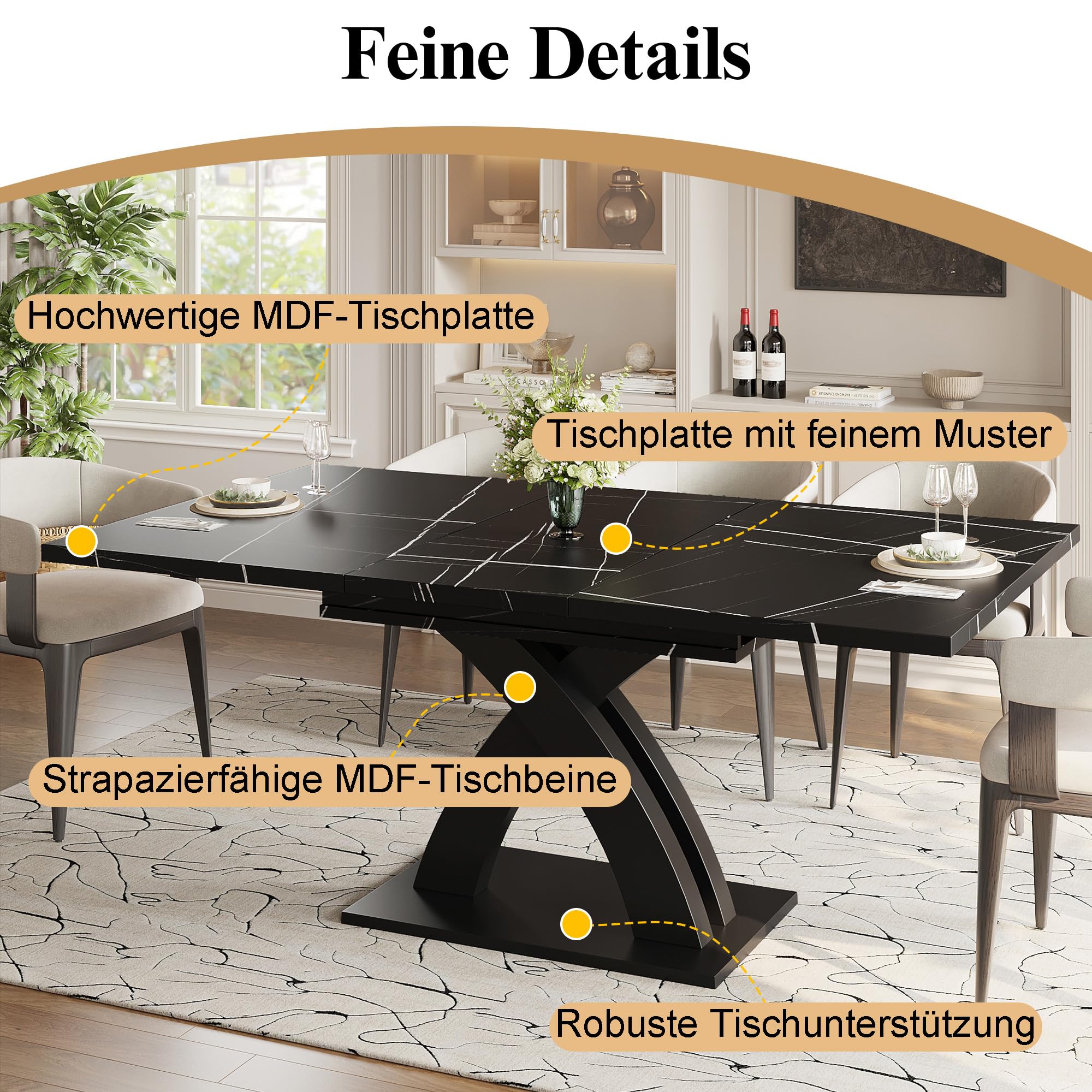 Esstisch Ausziehbar mit X-Förmige Tischbeine für 4-6 Personen, Esszimmertische Küchentisch mit Unverwechselbare Muster, Esstisch Holz Esszimmertisch Ausziehbar, 120-160x80x76 cm, Schwarz