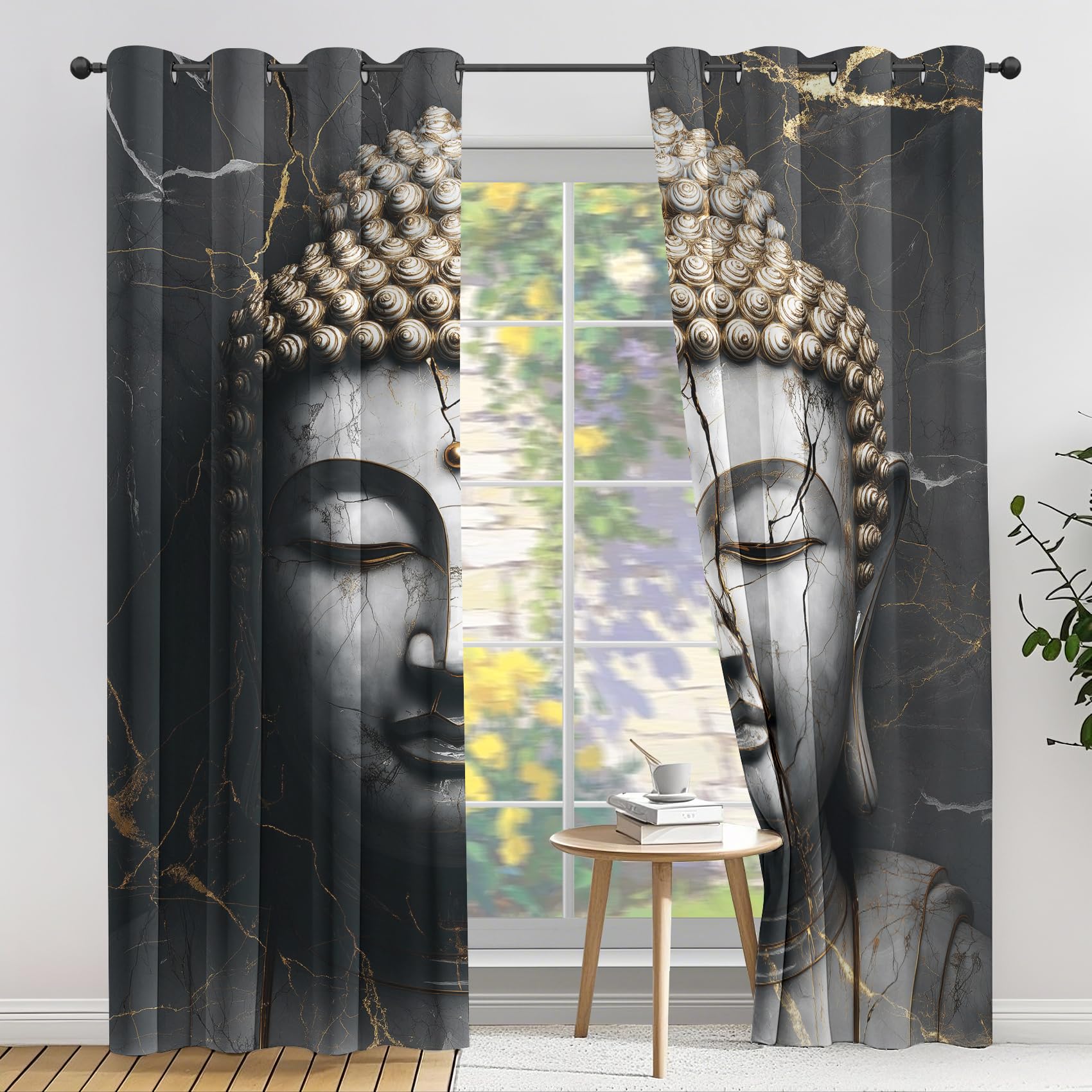 Schwarz Gold Marmor Buddha-Statue Vorhänge Orientalisch Meditation Blickdicht Vorhang, Thermo Gardinen mit Ösen Verdunklungsvorhänge für Wohnzimmer Schlafzimmer Fenster Deko 2er Set 200x140 cm