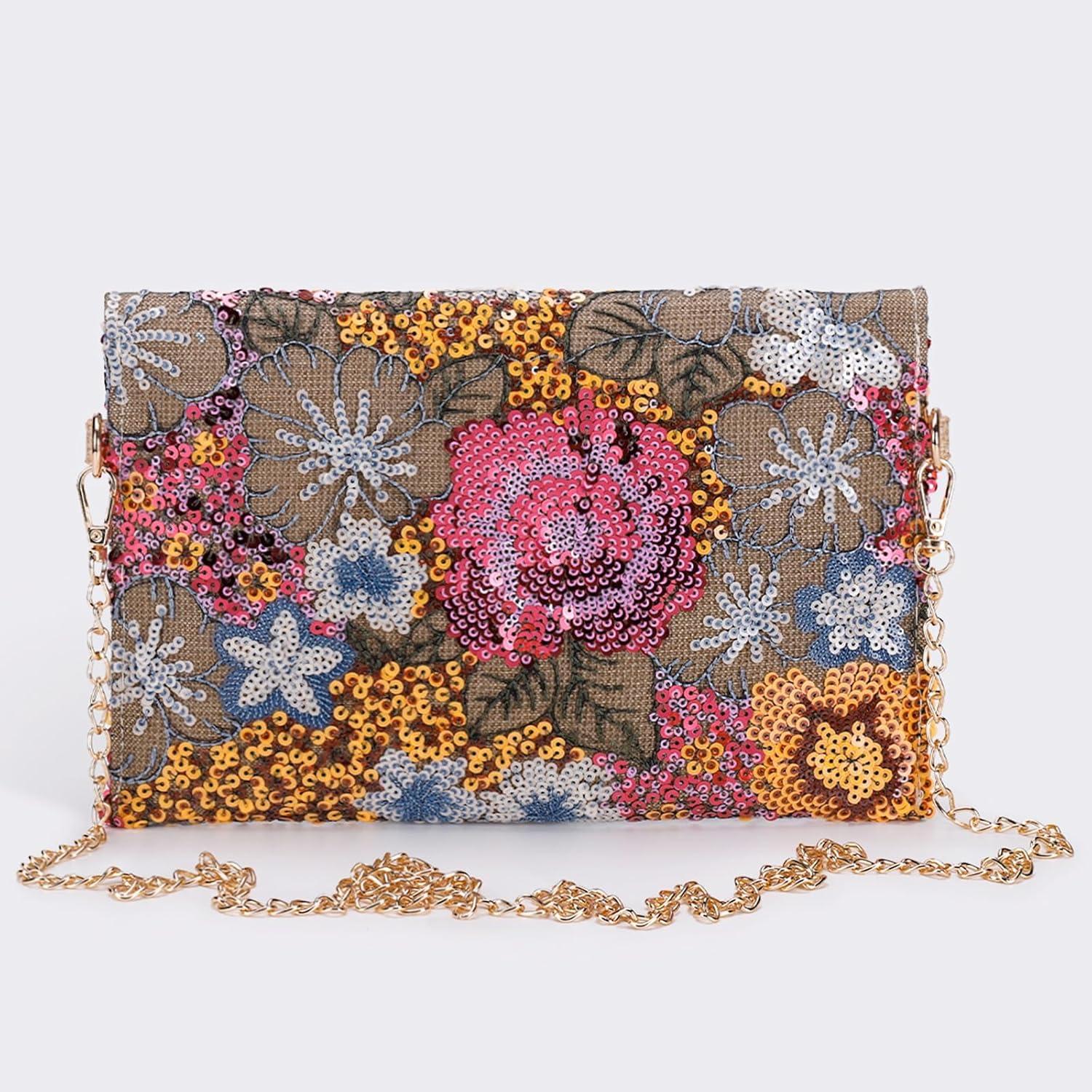 Clutch Purses for Women, Envelope Package, Sequin Embroidered Flowers Straw Bag, Bohemian Handmade Handbags