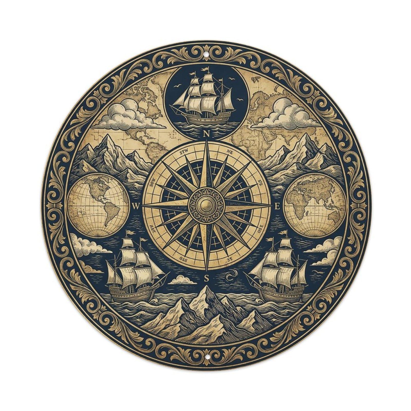 Vintage Nautical Compass World Map Evening Path Metal Tin Sign