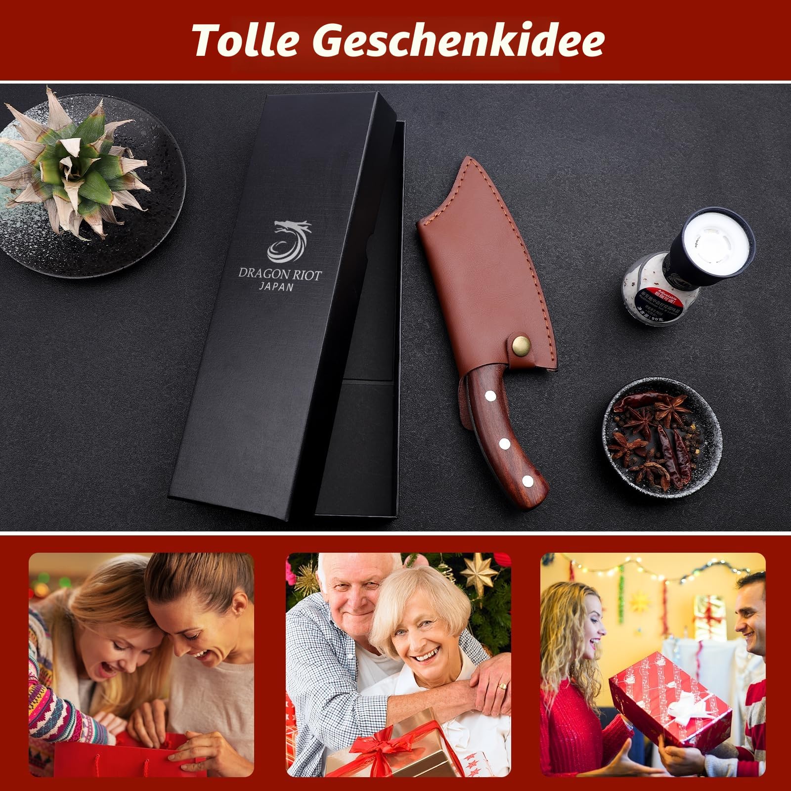 DRAGON RIOT Hackmesser Japanisch, Wikinger Messer mit Holzgriff, Fleischermesser Profi Hackbeil für Knochen, Küchenmesser scharf Metzgermesser, Full Tang Outdoor Messer Fleischerbeil fur Küche Grill