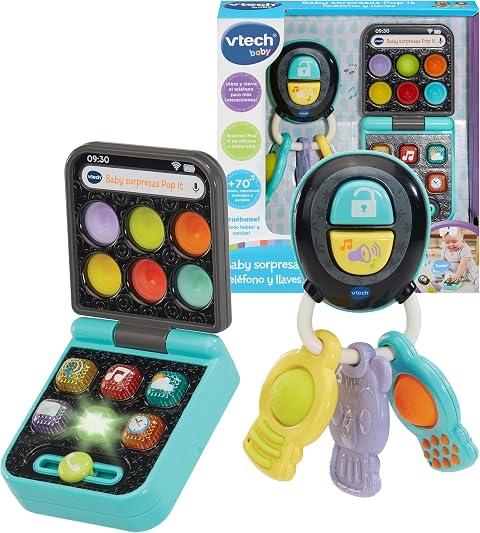 VTech-Baby Baby sorpresas Pop It Teléfono y Llaves, Juguetes interactivos, Diferentes Texturas, Botones Silicona, Motricidad Fina, Regalo bebés +6 Meses, Versión ESP