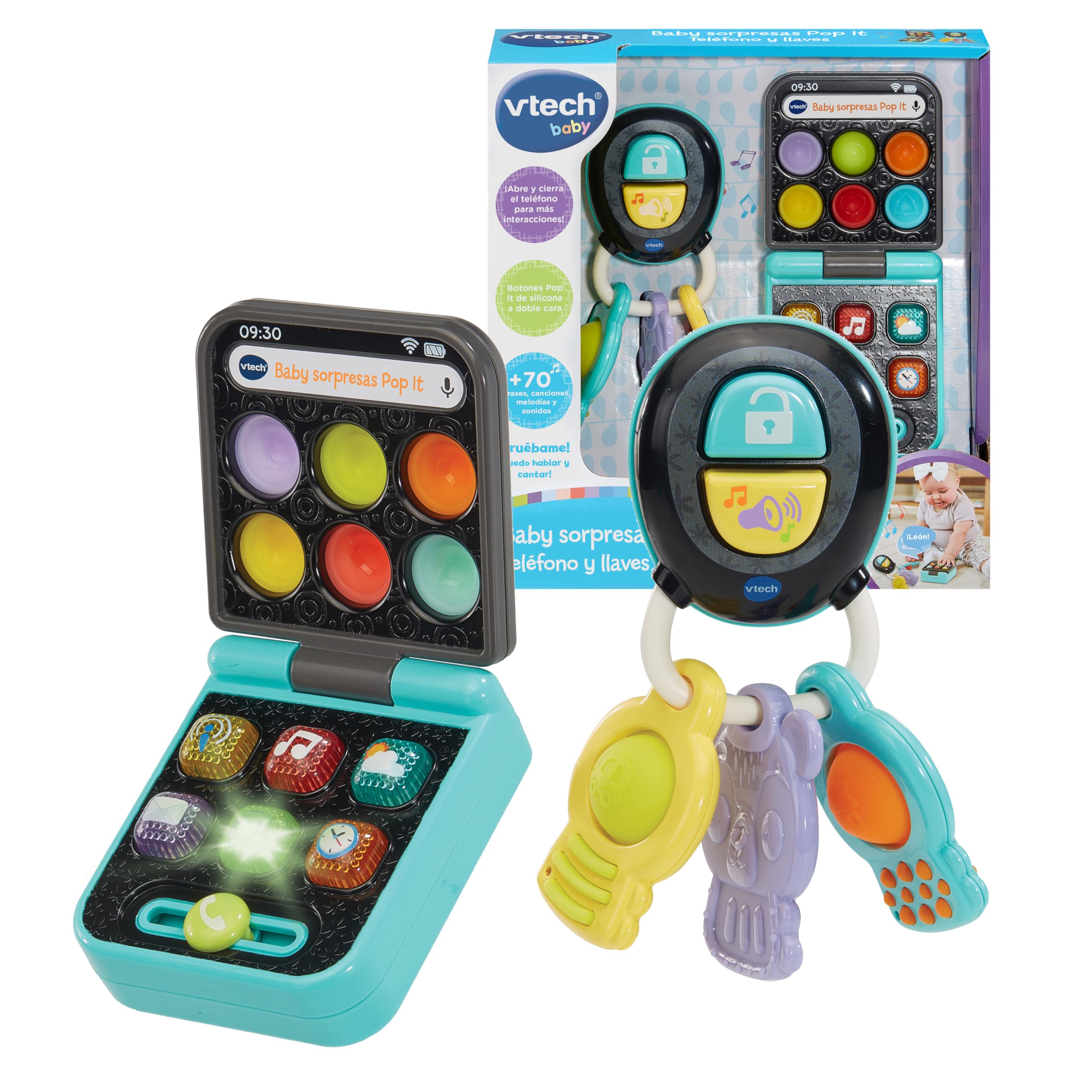 VTech-Baby Baby sorpresas Pop It Teléfono y Llaves, Juguetes interactivos, Diferentes Texturas, Botones Silicona, Motricidad Fina, Regalo bebés +6 Meses, Versión ESP