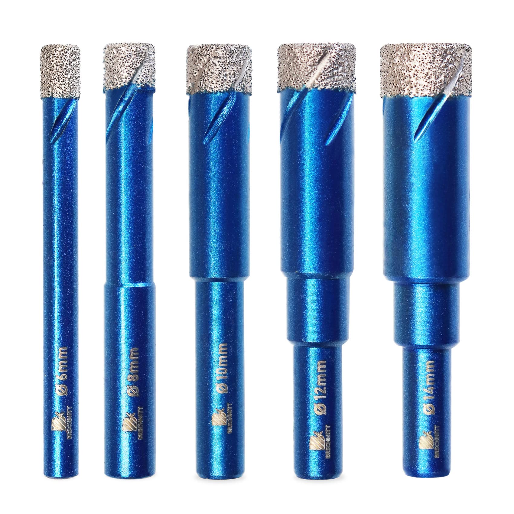 BRSCHNITT Diamond Drill Bit Set - 5pcs 6 8 10 12 14 mm Hole Saw Core With Round Shank for Porcelain Tile Ceramic Stone Granite Marble - Dry Drilling Core Bit Kit