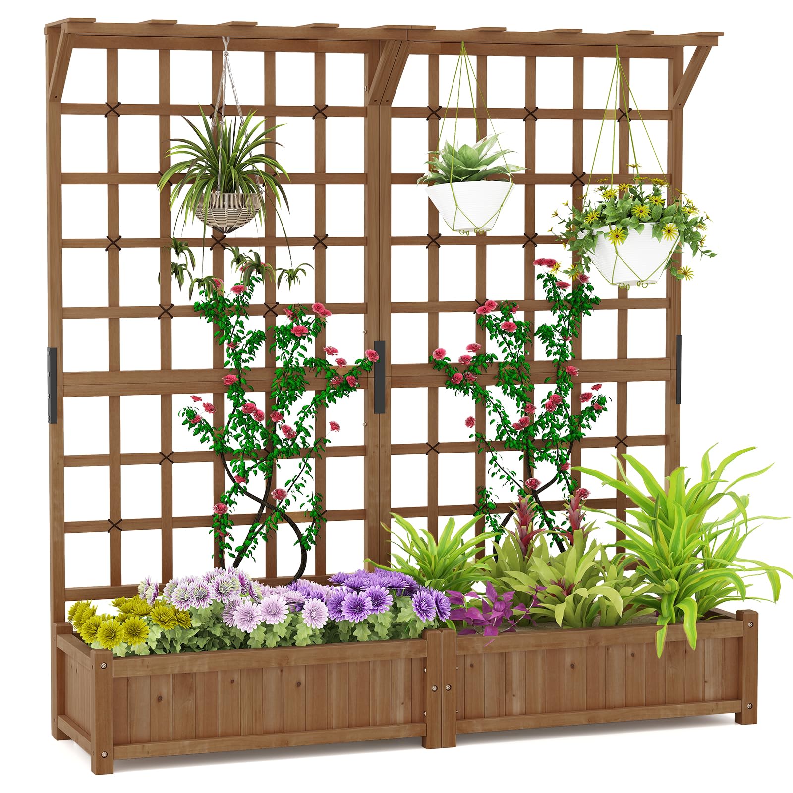 FANTASK Pack of 2 Flower Boxes with Trellis, 180 x 48 x 183 cm, Planter with Trellis & Roof, Raised Bed Fir Wood with Drainage Holes & Rope for Climbing Plants, Garden Trellis for Patio (Brown)