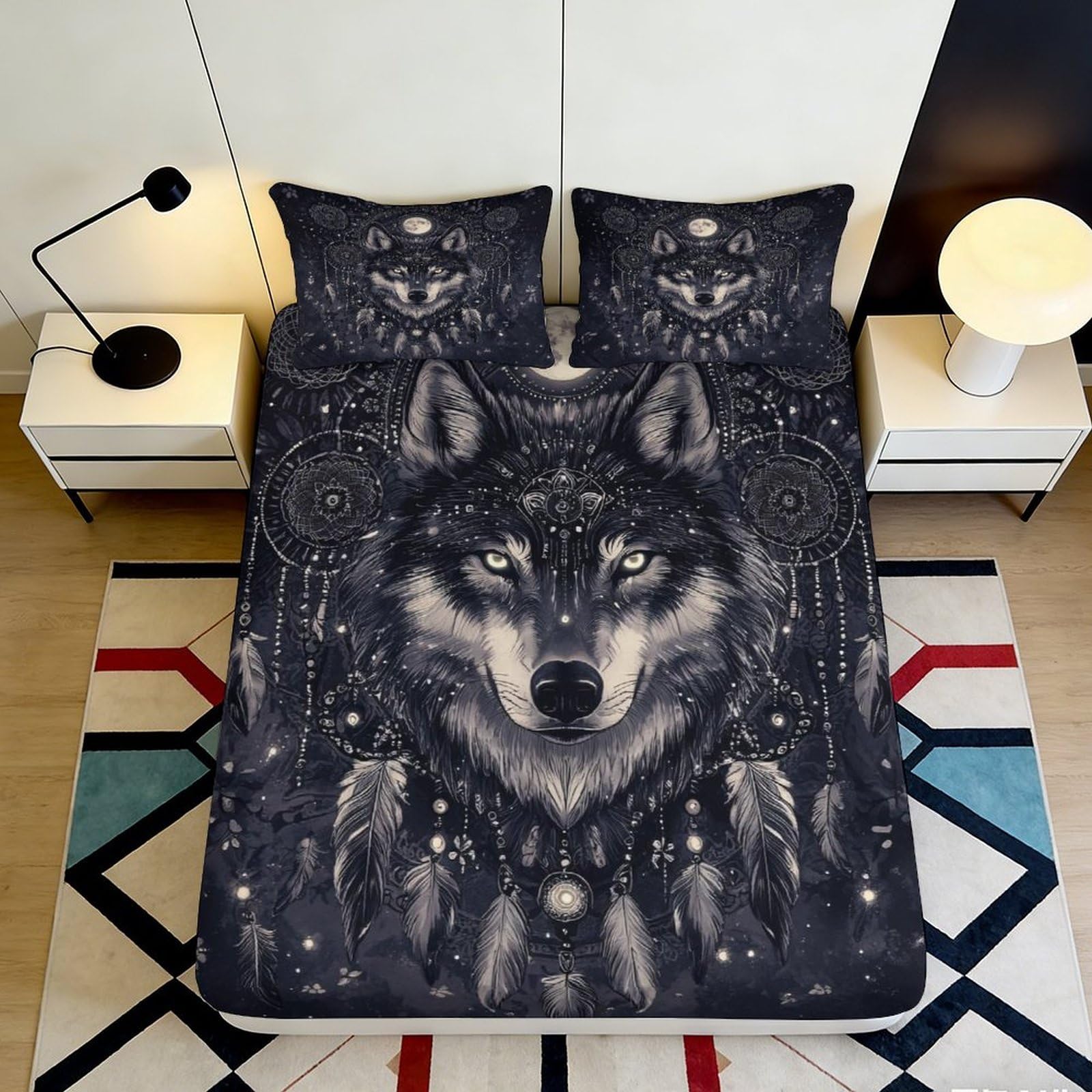 3D Printed Wolf Dreamcatcher Fitted Sheet Microfiber Dark Grey Bed Cover for Bedroom Guest Room Mattress Protection 180x200x25cm