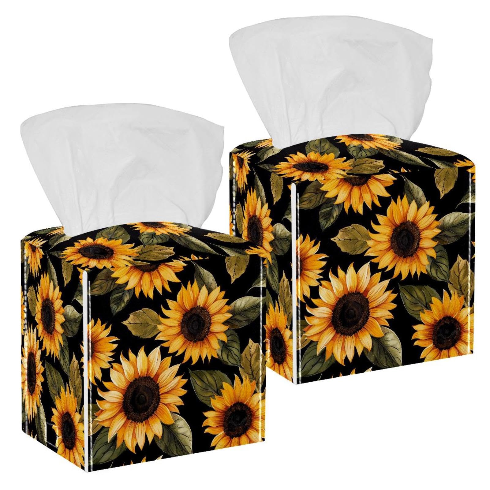 Sunflower Tissue Box Cover, 2 Pack PU Leather Square Facial Tissue Dispenser Box holder for Home Office Car