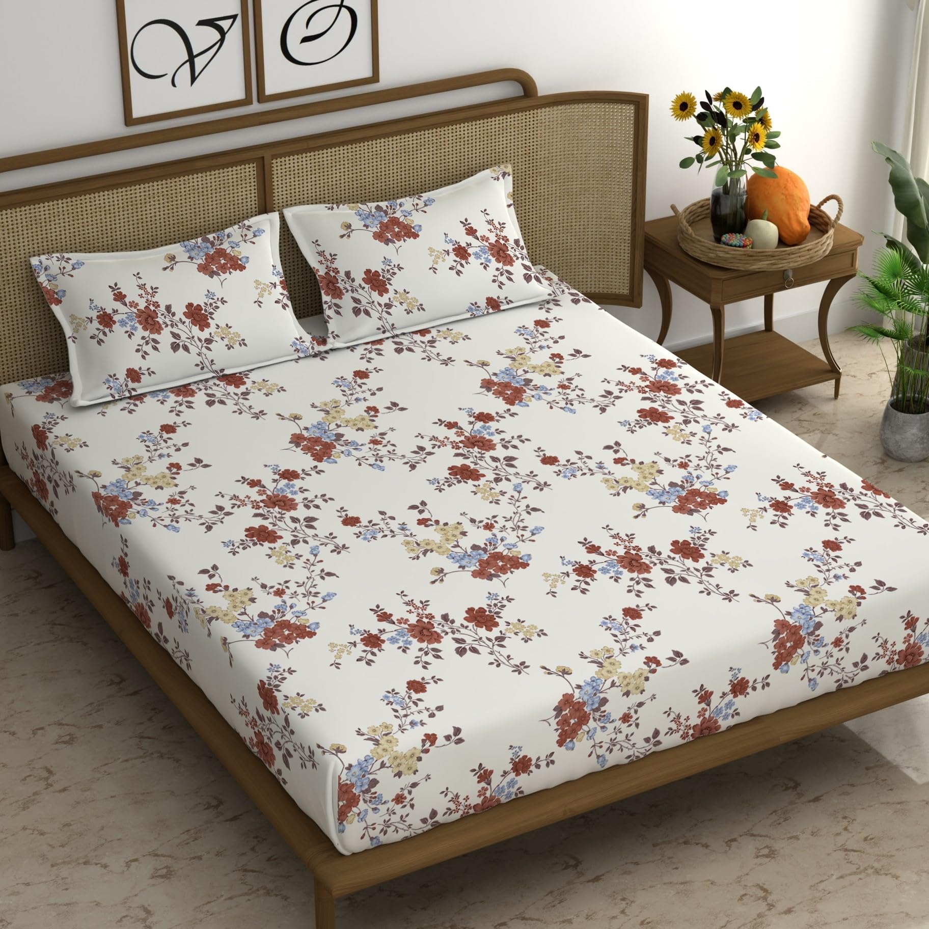CHHAVI INDIA Cozy & Comfy Collection 210 TC King Chic & Classic Bedsheet with Matching Pillow Covers (100 * 108 Inches) (Floral, Daisy)
