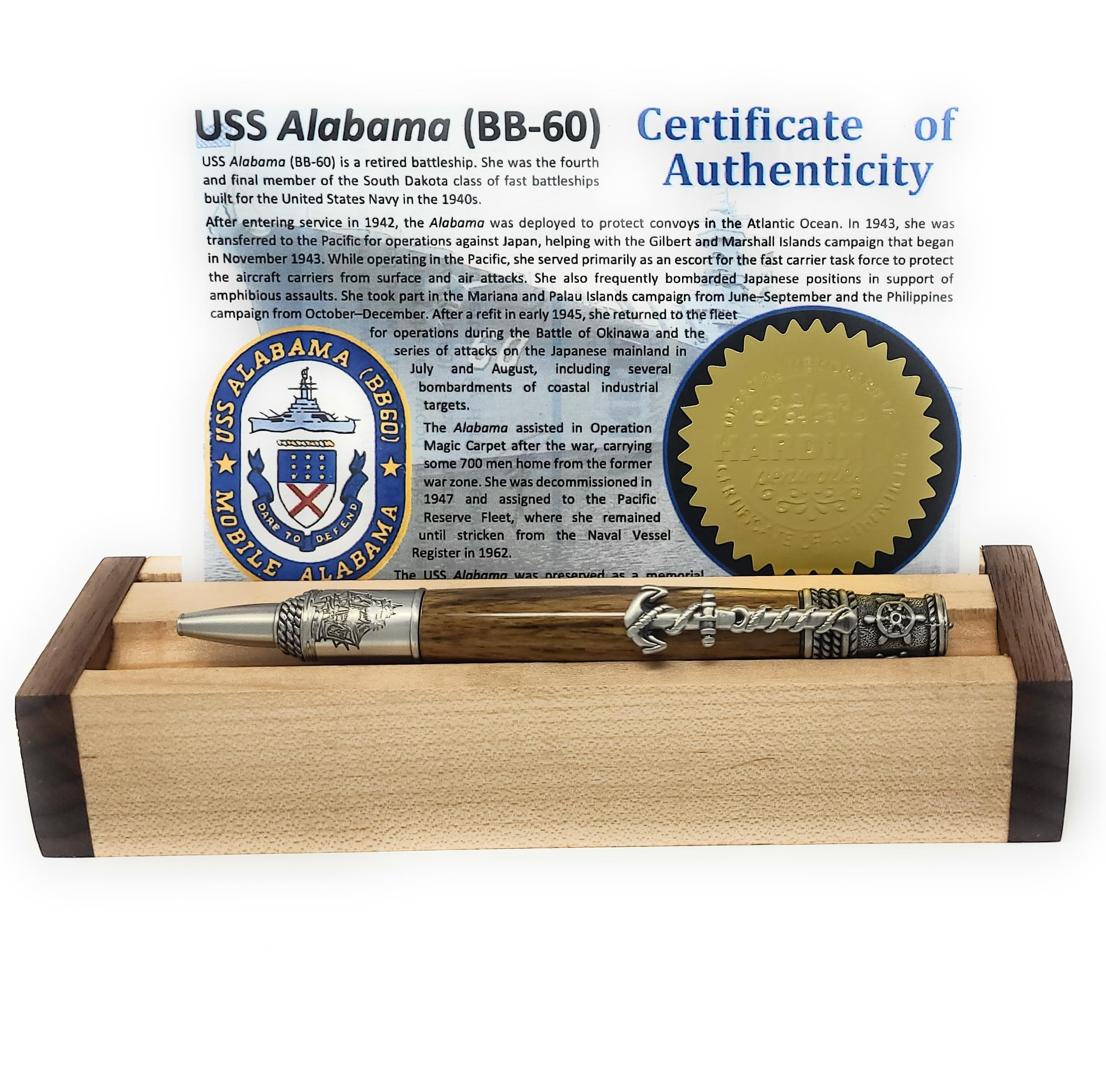 USS ALABAMA (BB-60) Own a Piece of Naval History! Nautical Themed Pen made with wood reclaimed from the Battle Ship Alabama. Includes Certificate of Authenticity and a Beautiful Wood Display Stand