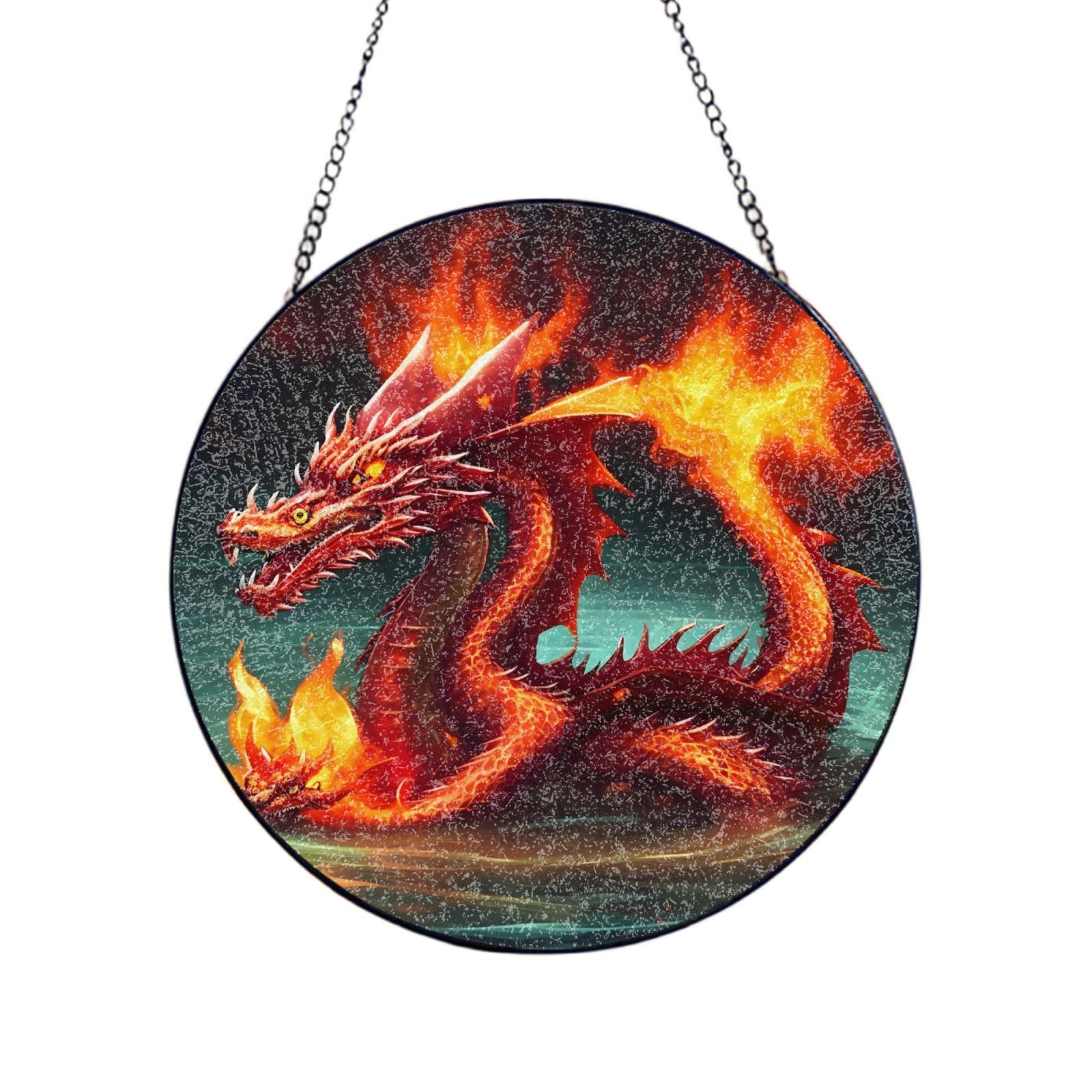 Phayah Dragon King In Fire Print Glass Window Hanging Round Suncatcher Glass Ornament Garden Wall Fence Decorations Indoor Outdoor 4in（10cm）