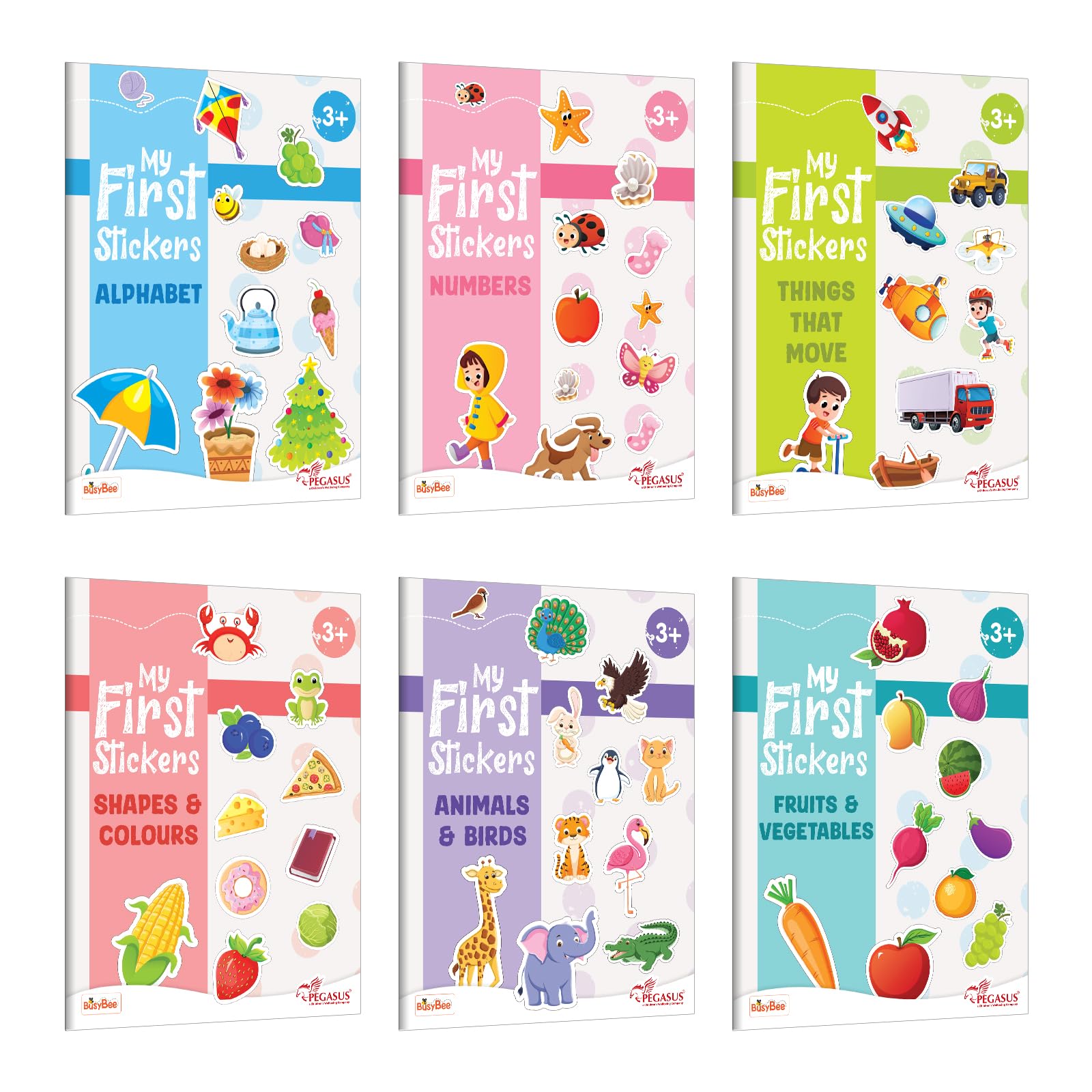 Pegasus My First Stickers Activity Book Set for Kids Age 3+ | 6 Early Learning Themes – Alphabet, Numbers, Animals & Birds, Colours & Shapes, Things That Move, Fruits & Vegetables