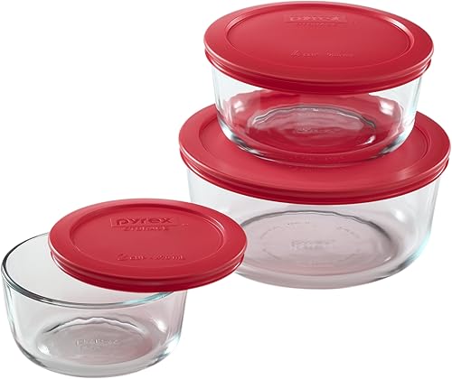 Pyrex Simply Store - Juego de almacenamiento de alimentos de vidrio redondo de 6 piezas, fabricado en los Estados Unidos