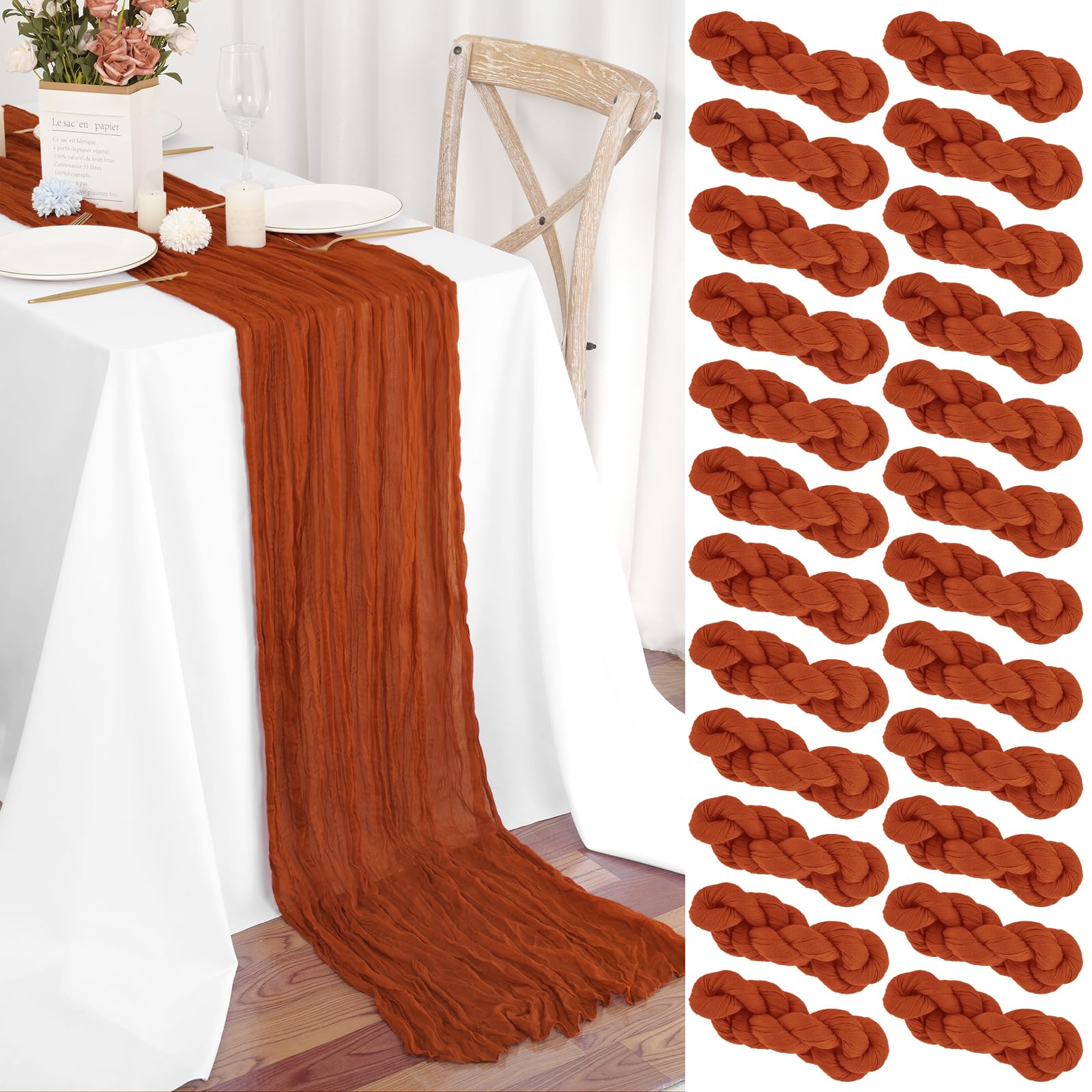 Chemins de table en gaze de coton terracotta 45x275 cm pour décoration de fête | Lot de 24