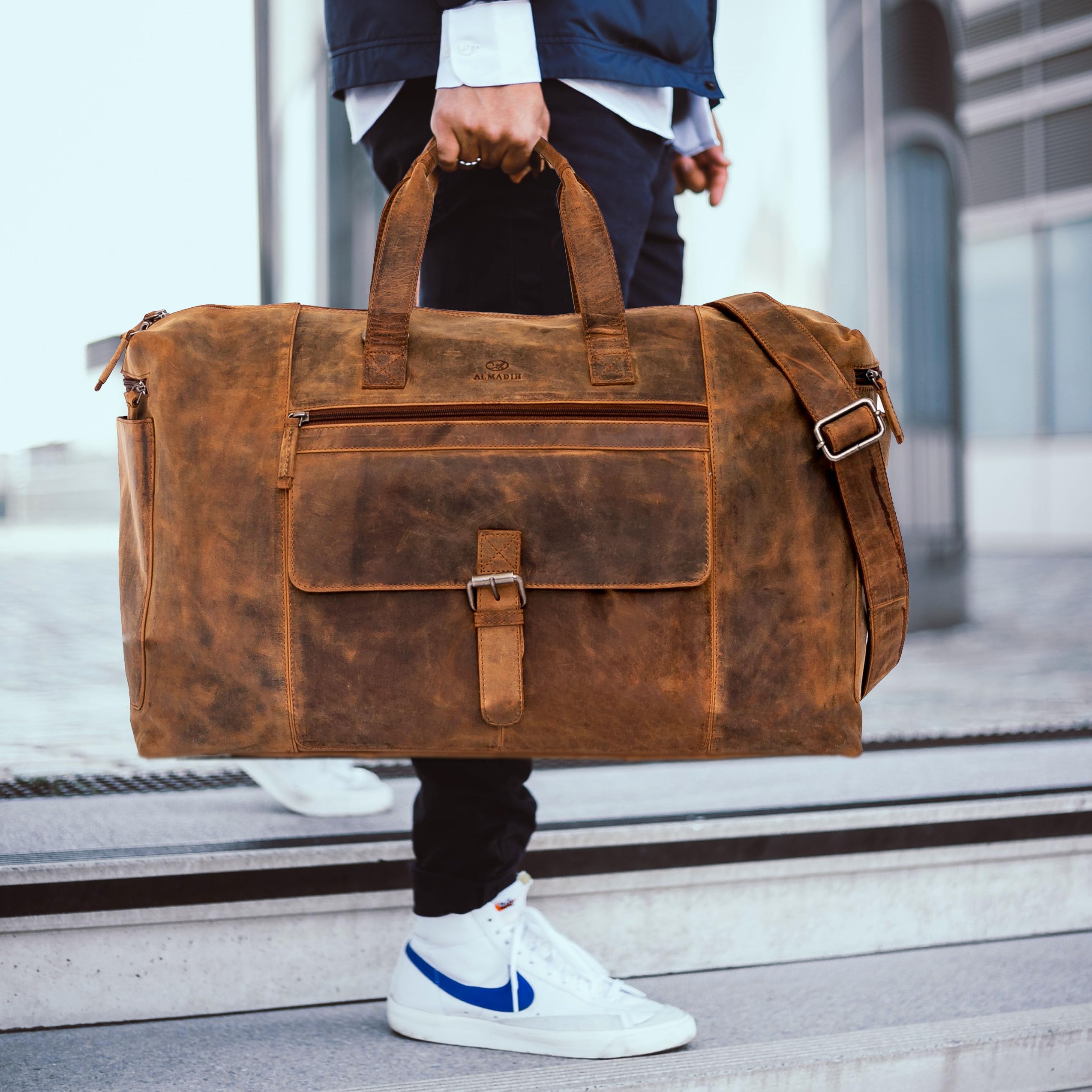 ALMADIH Echt Leder Reisetasche Herren 17 Zoll mit Laptopfach - Sporttasche Aiko braun Vintage - Weekender Handgepäck Gym Fitnesstasche Trainingstasche Damen Leder Umhängetasche (Aiko BV)