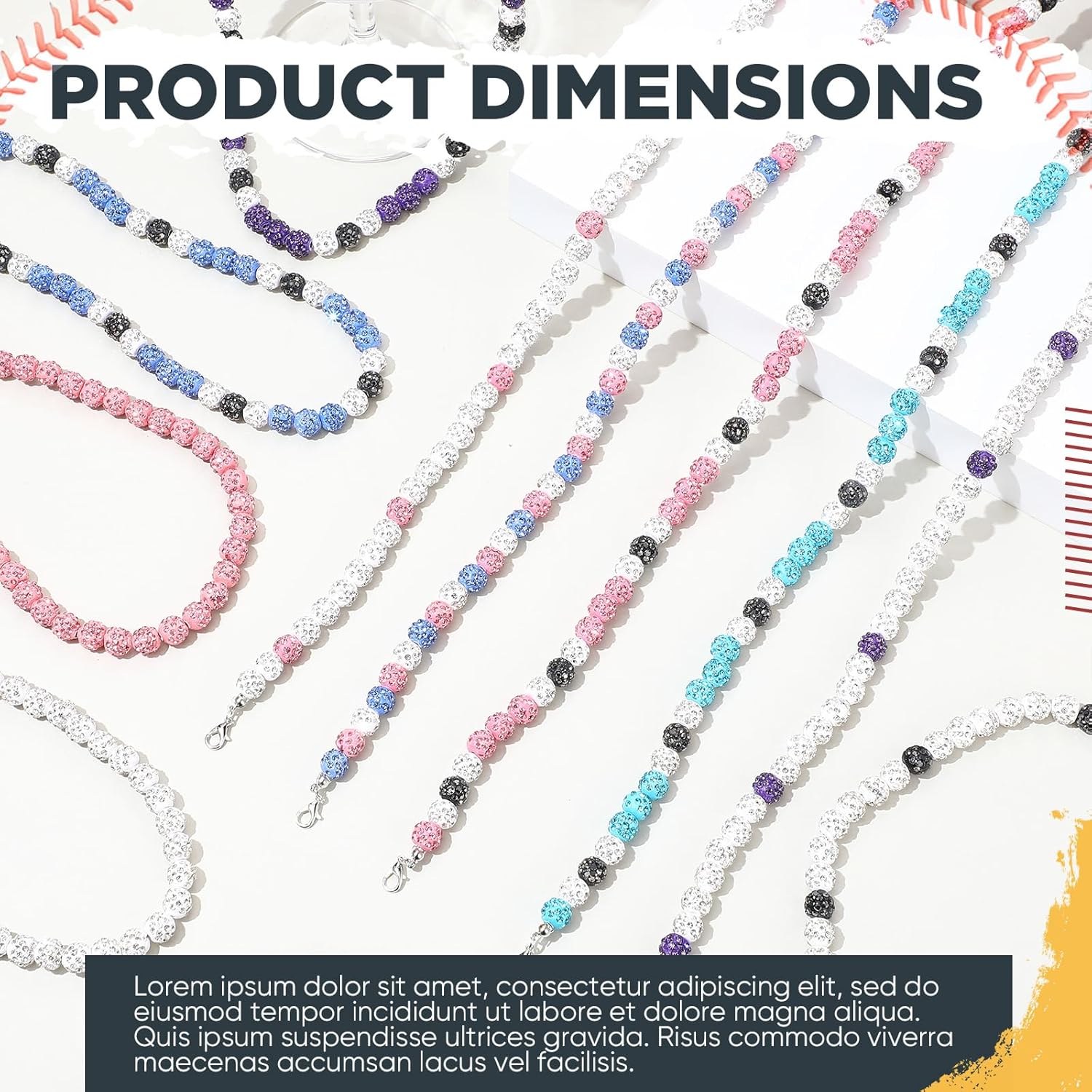 Landical 12 Pcs Bling Baseball Necklace Ice Beaded Baseball Necklace Cool Gifts Bulk for Team Players Lovers Fans