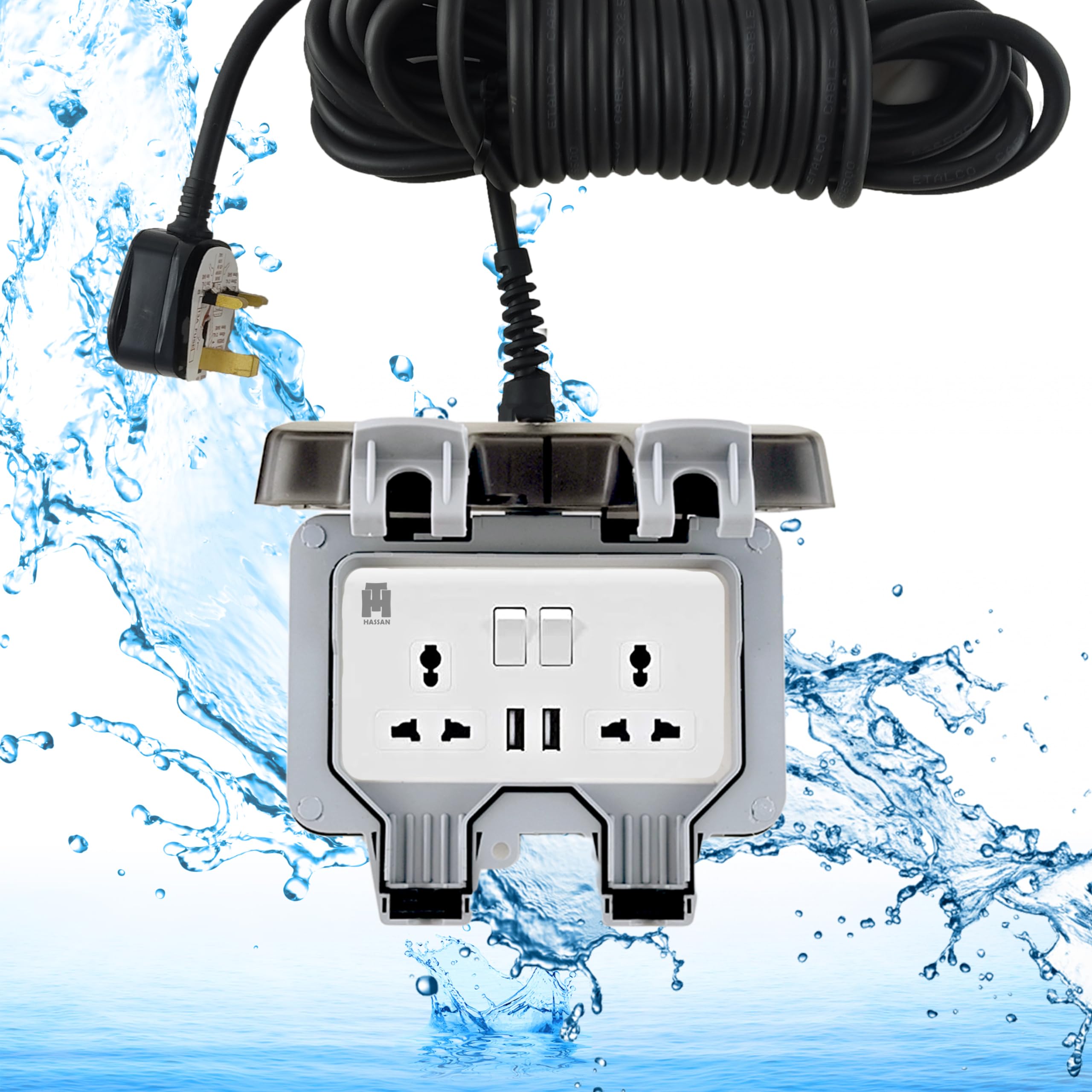 Hassan Waterproof USB Universal Extension Socket with 2 USB Ports - IP66 Rated, Perfect for Outdoor and Indoor Use, 250V 13A (3 Meter (10ft), Double USB Universal)