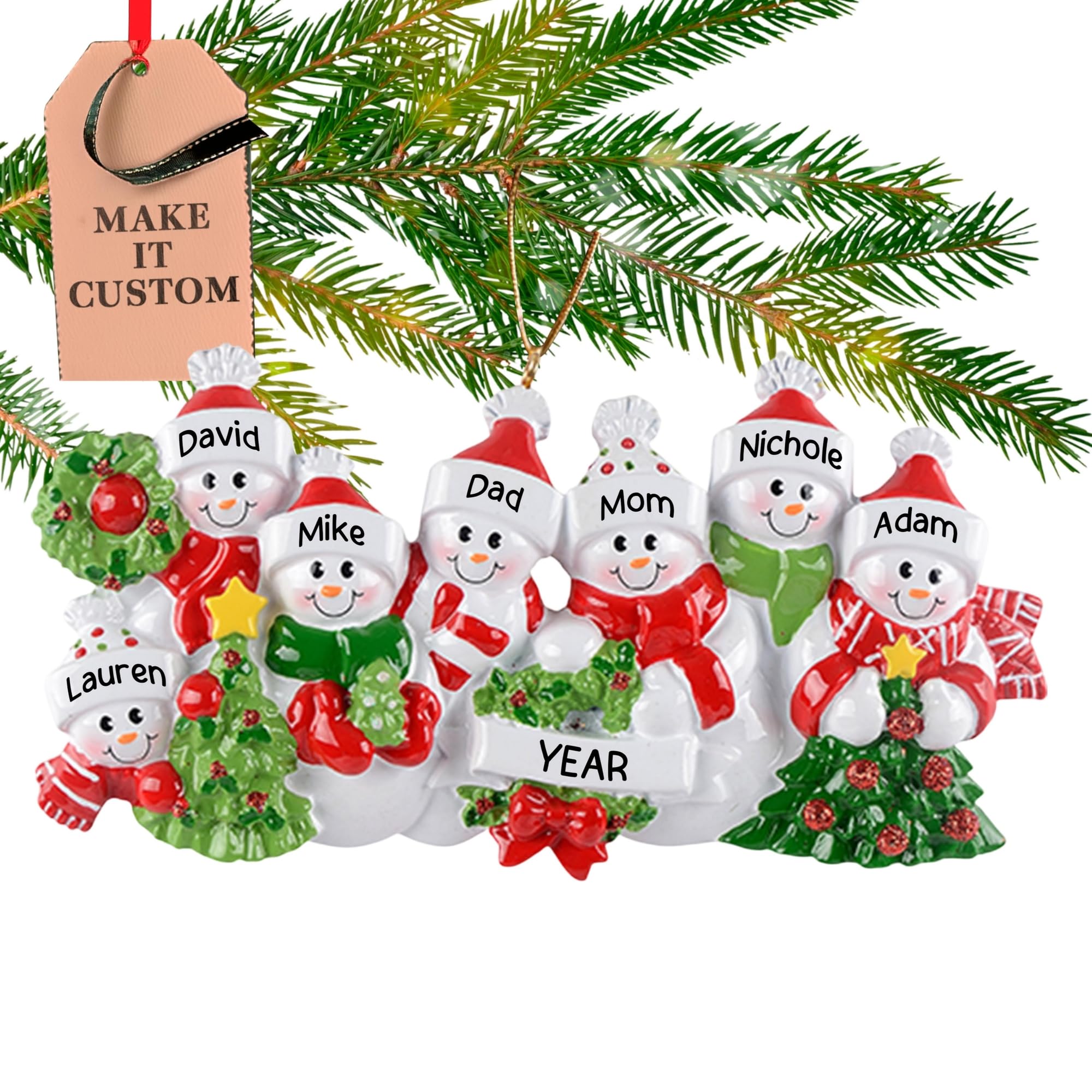 Holiday Traditions Multicolor Personalised Family Of 7 Ornament 2025 – Fast & Free 24H Customisation – Christmas Ornaments For Tree – Custom Gift Wrapped Snowman Keepsake For Seven Persons