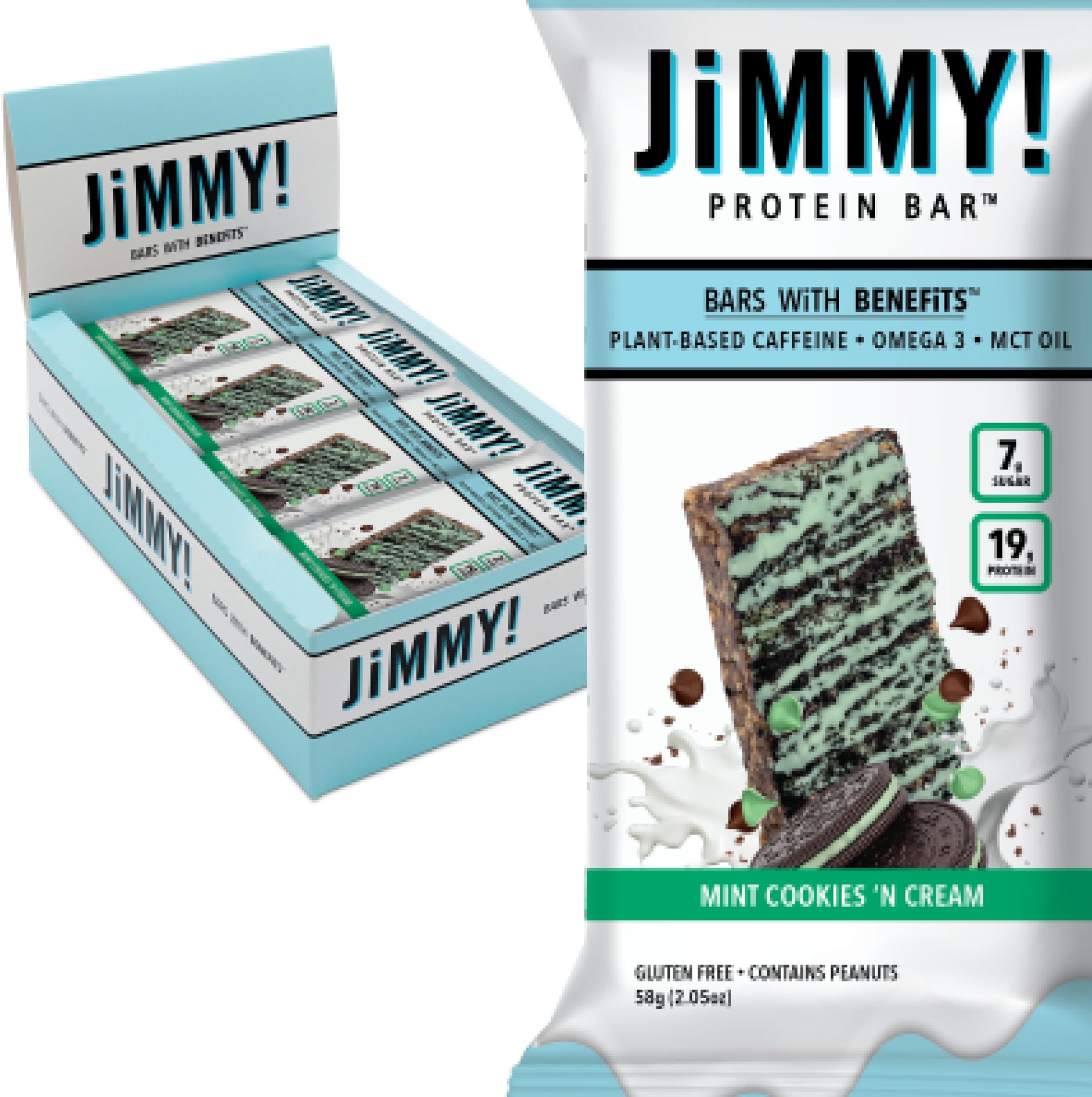 JiMMYBAR! Mint Cookies N Cream - 19g Protein Bars - 7g Low Sugar- 12 Count - ...