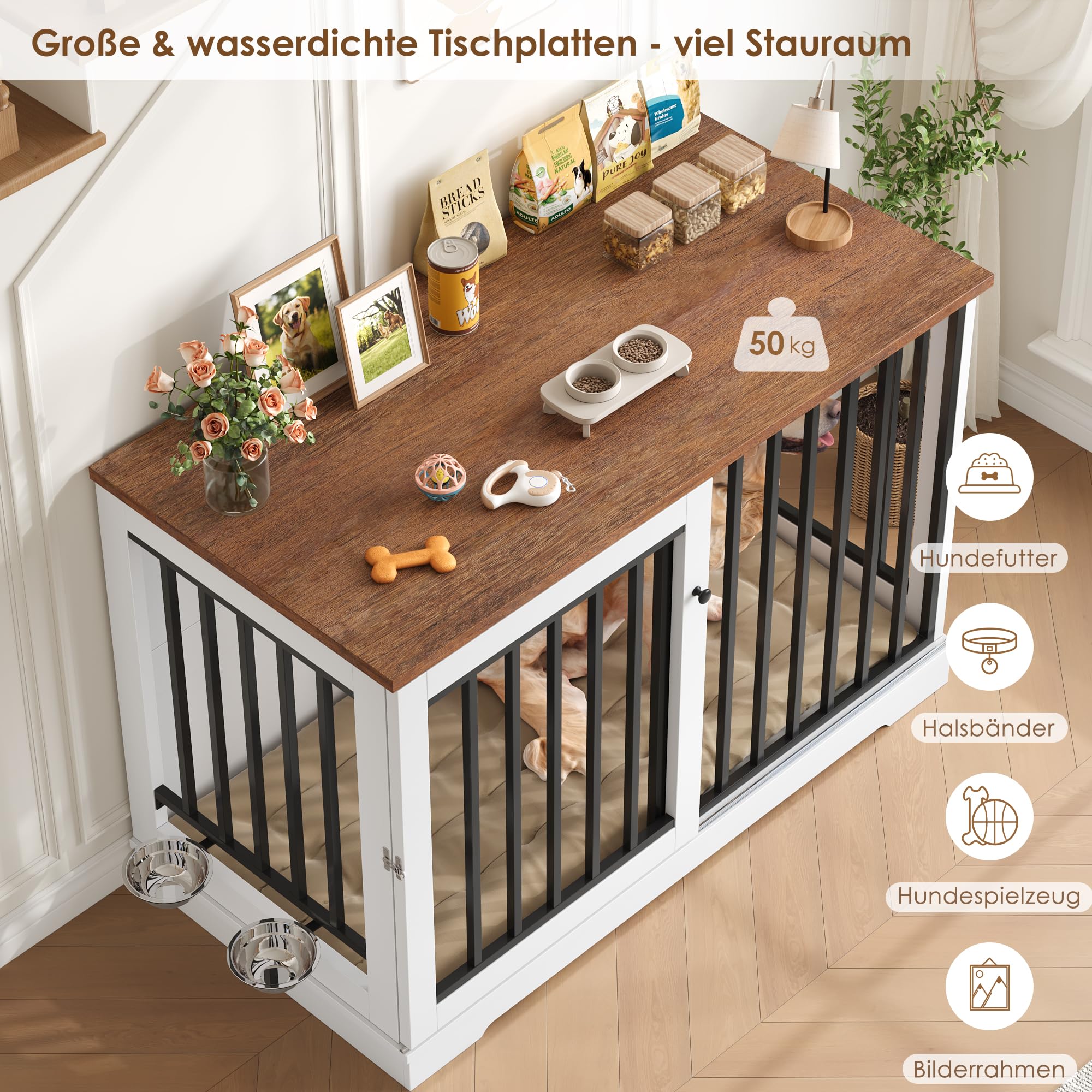 FirFurd Hundekäfig Möbel 120cm breit Hundebox für Zuhause Hundehütte XXL Hundekäfig aus Metall und Holz Hundebox für große Hunde 120 x 90 x 60 cm Braun & Weiß