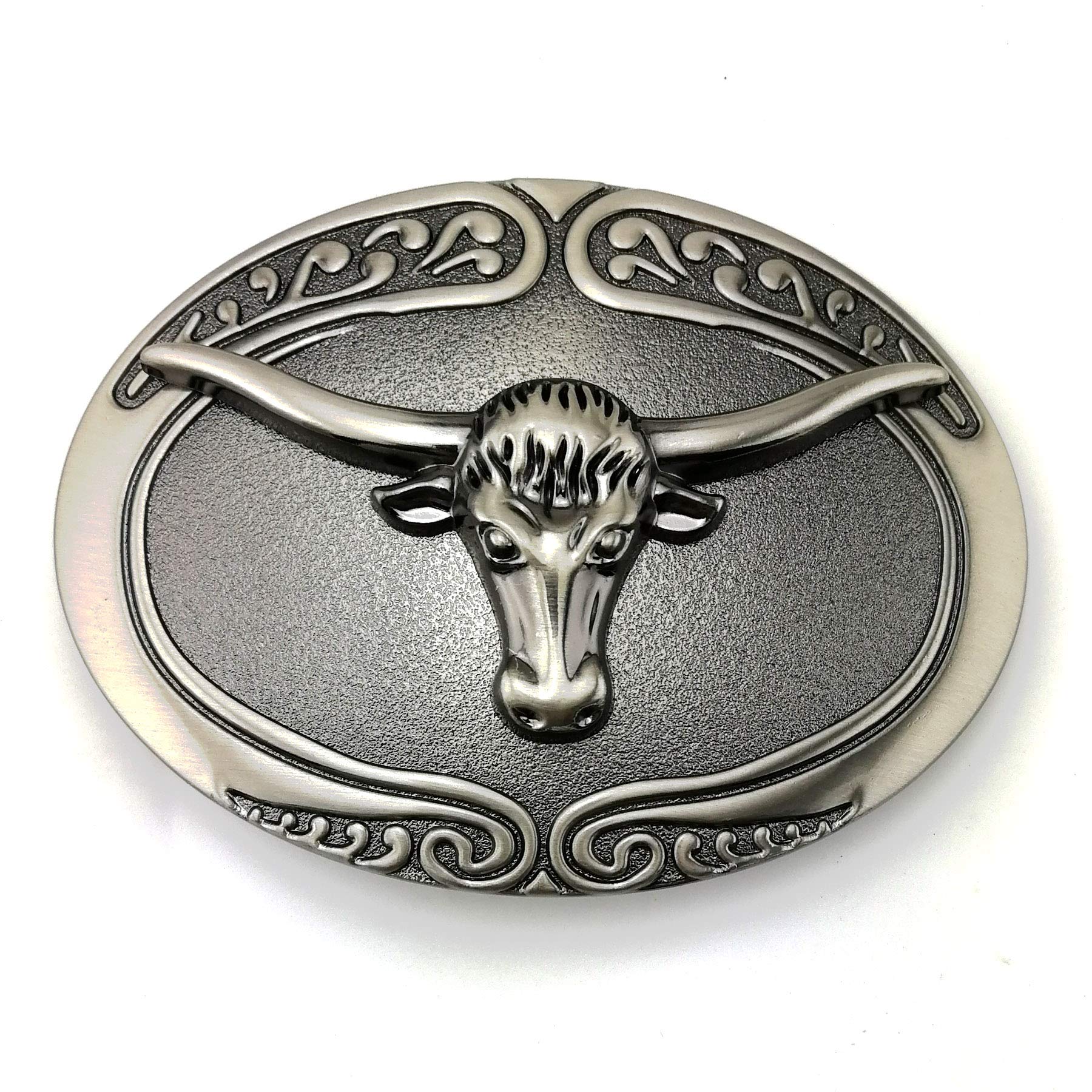 LAXPICOL Vintage Large Heavy American Western Cowboy Bull Head Pattern Oval Belt Buckle For Men Grey Tone