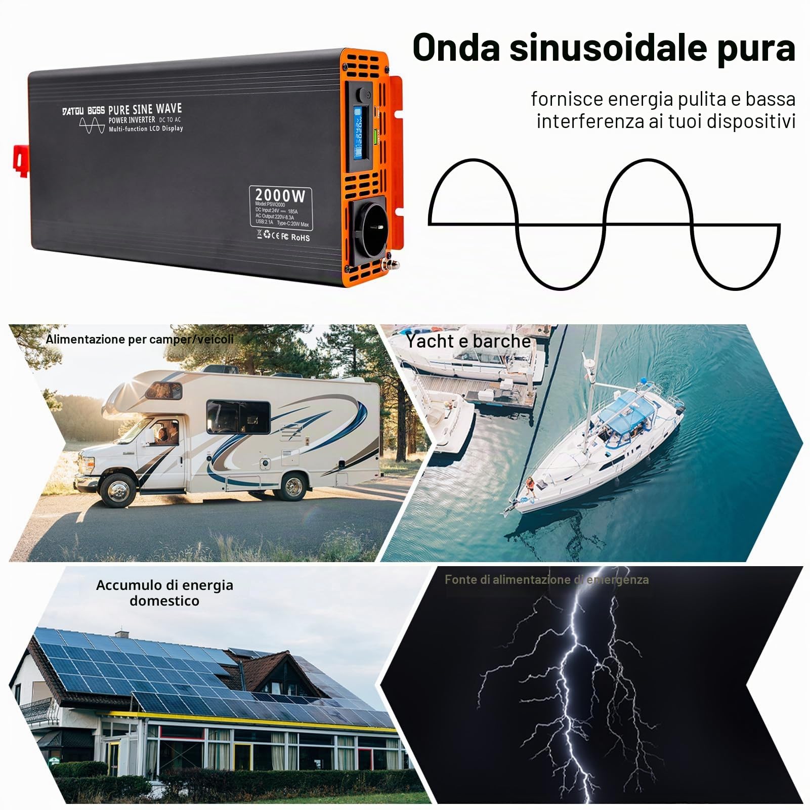 DATOUBOSS Inverter 24v 220v/230v Onda Pura 2000W/4000W, Inverter Onda Pura 2000W, Convertitore 24v 220v 2000w con LCD Display & Type-C e 1 presa AC e 1 Porta USB per Auto,Camion, Camper