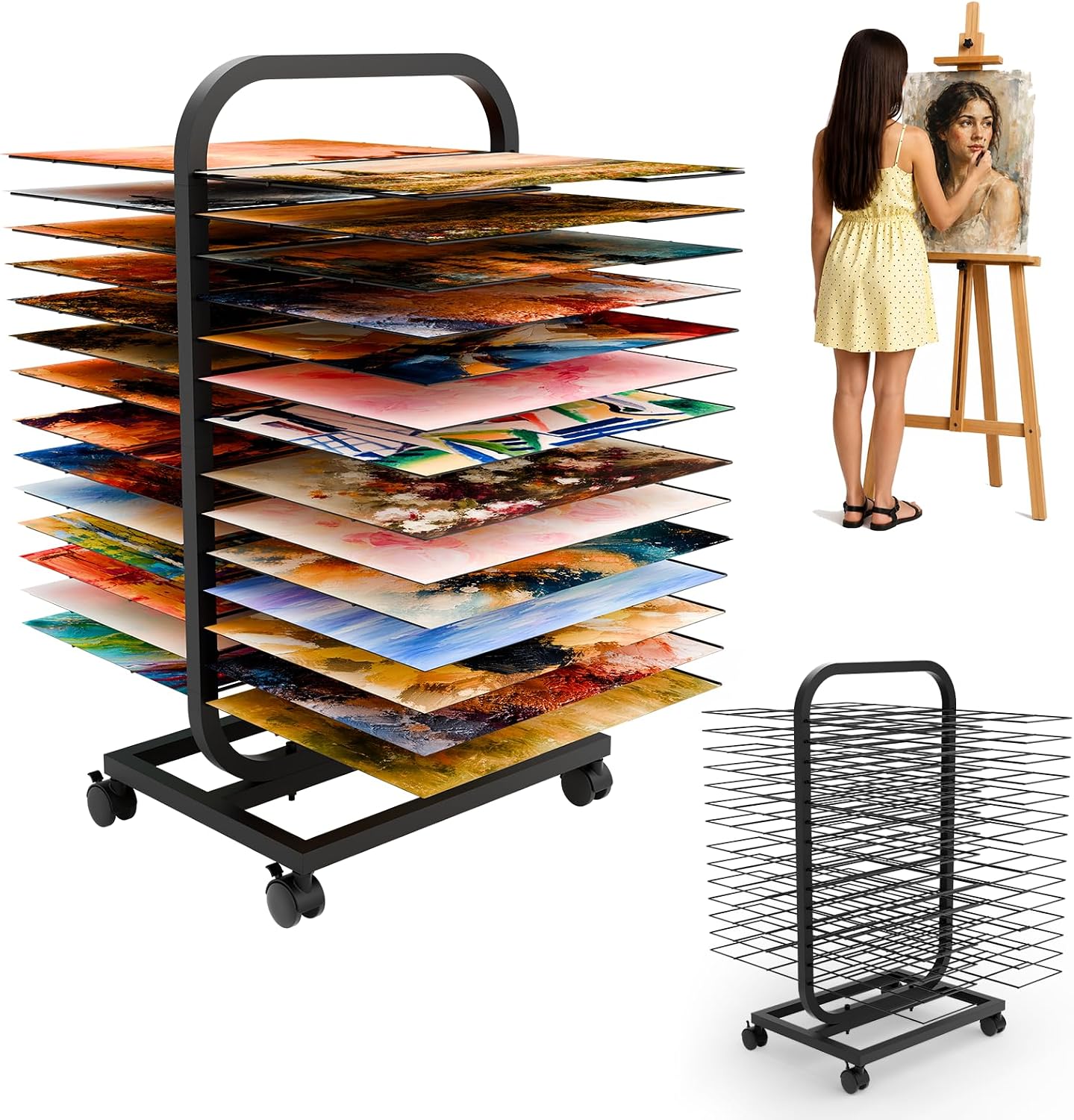 Art Drying Rack for Classroom,Art Storage Rack with 28 Removable Shelves,Metal Paint Drying Canvas Stand with Lockable Wheels