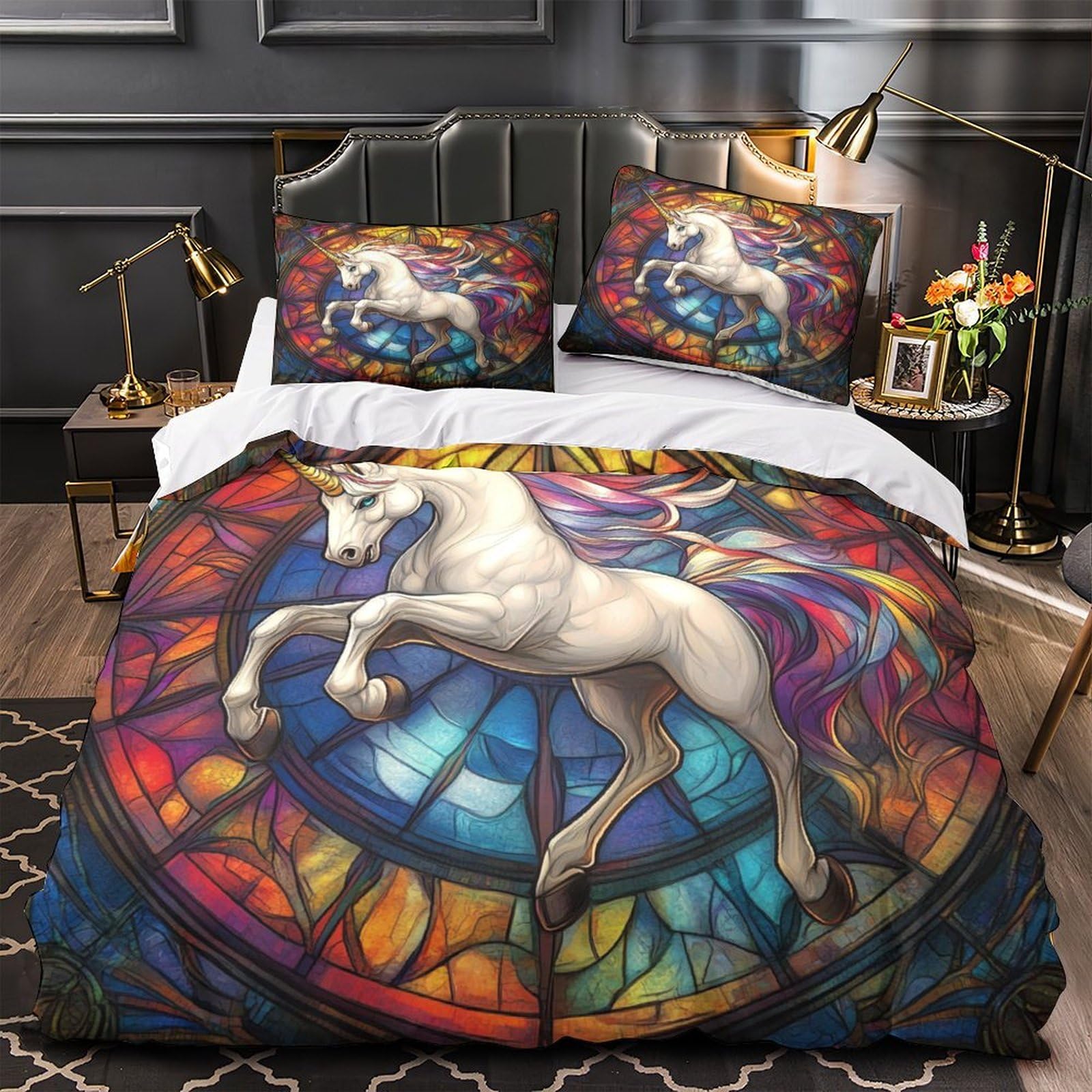 Housse de couette 260x220 licorne art du vitrail parure lit microfibre de luxe