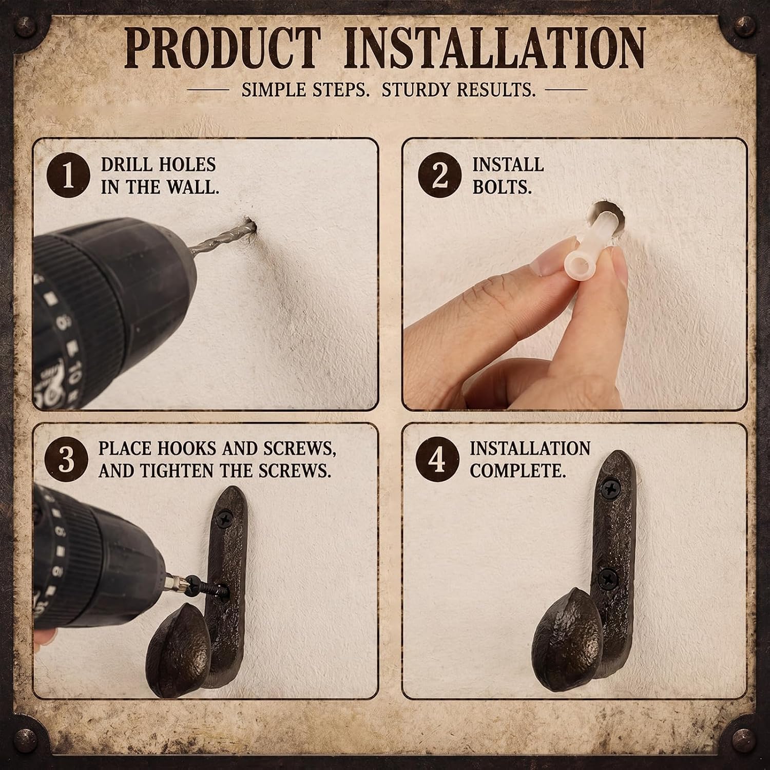 Yalikop 6 Pack Railroad Spike Cast Iron Hooks, Rustic Heavy Duty Wall Hook