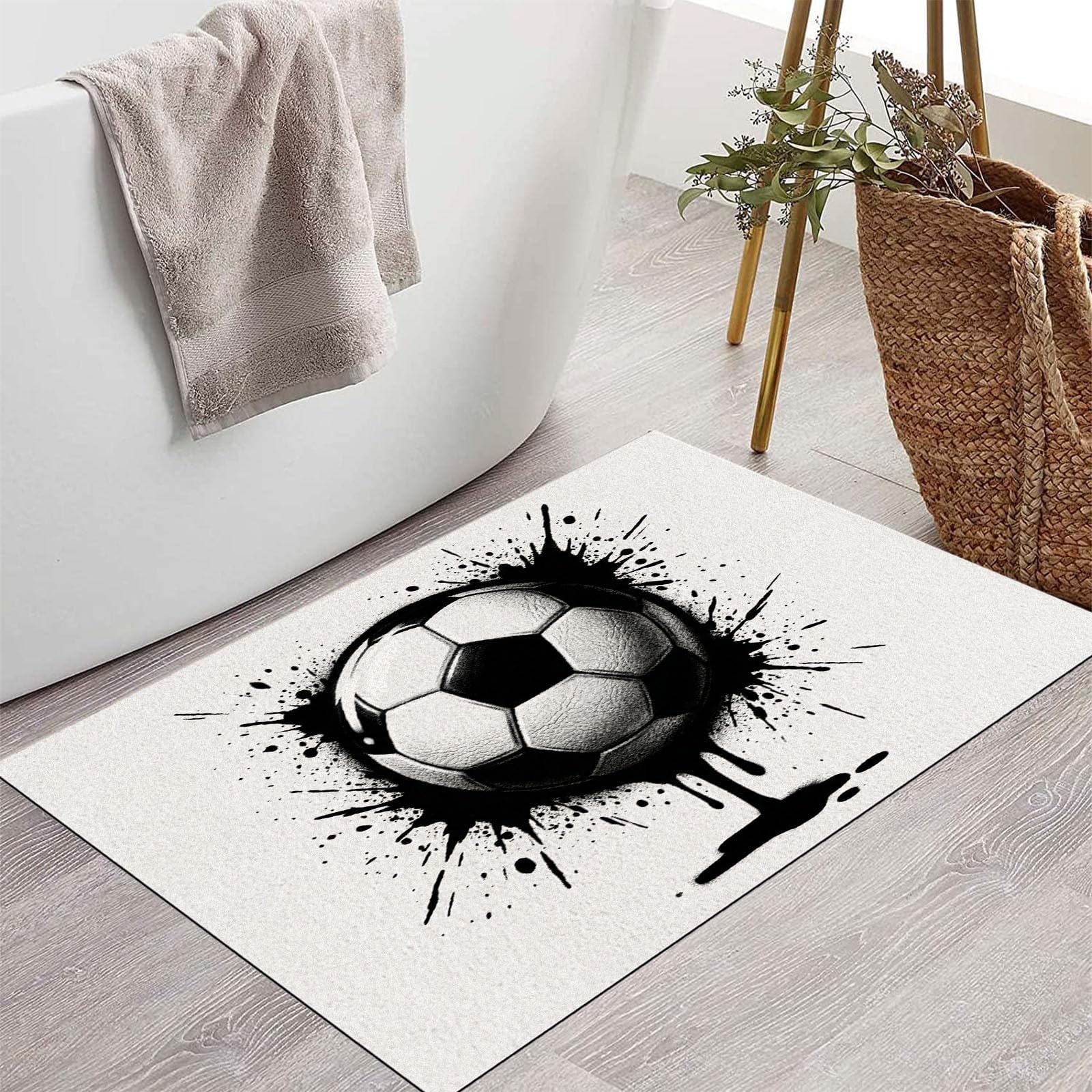 Ultradünne Coole Graffiti-Fußball Fußmatte Für Innenbereich, 90X150Cm Waschbar Teppich Für Eingangsbereich, Tintenklecks-Fußball Schmutzfänger Fussmatten, Schwarz-Weiß Rutschfeste Eingangsmatte