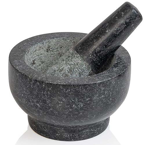 Maxam Juego de mortero y mortero – 5 pulgadas – Molinillo de especias de granito natural pesado, trituradora de hierbas, haz guacamole fresco en casa