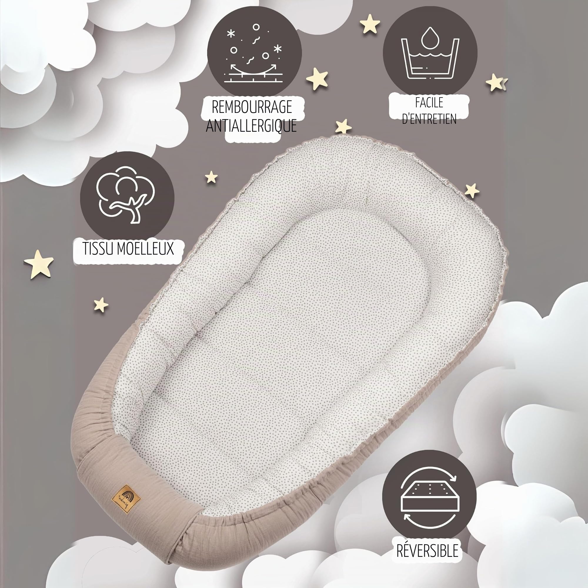 PIMKO - Reducteur de Lit Bébé mousseline - Cocon 100% Coton Nid de Bébés Nouveau-né avec Baby Nest - Beige à pois
